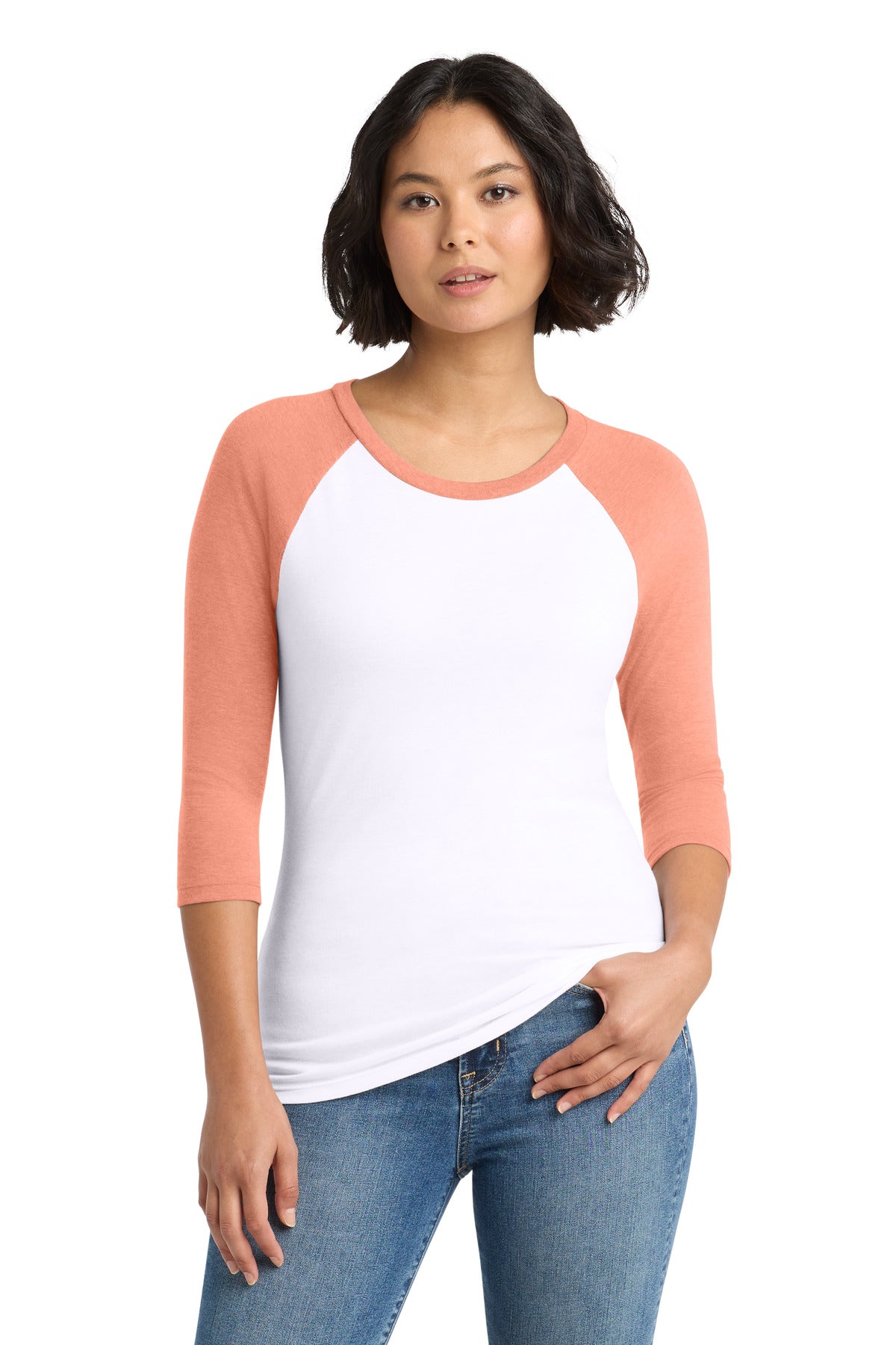 District Women's Perfect Tri 3/4-Sleeve Raglan. DM136L - Heather Dusty Peach/ White - front