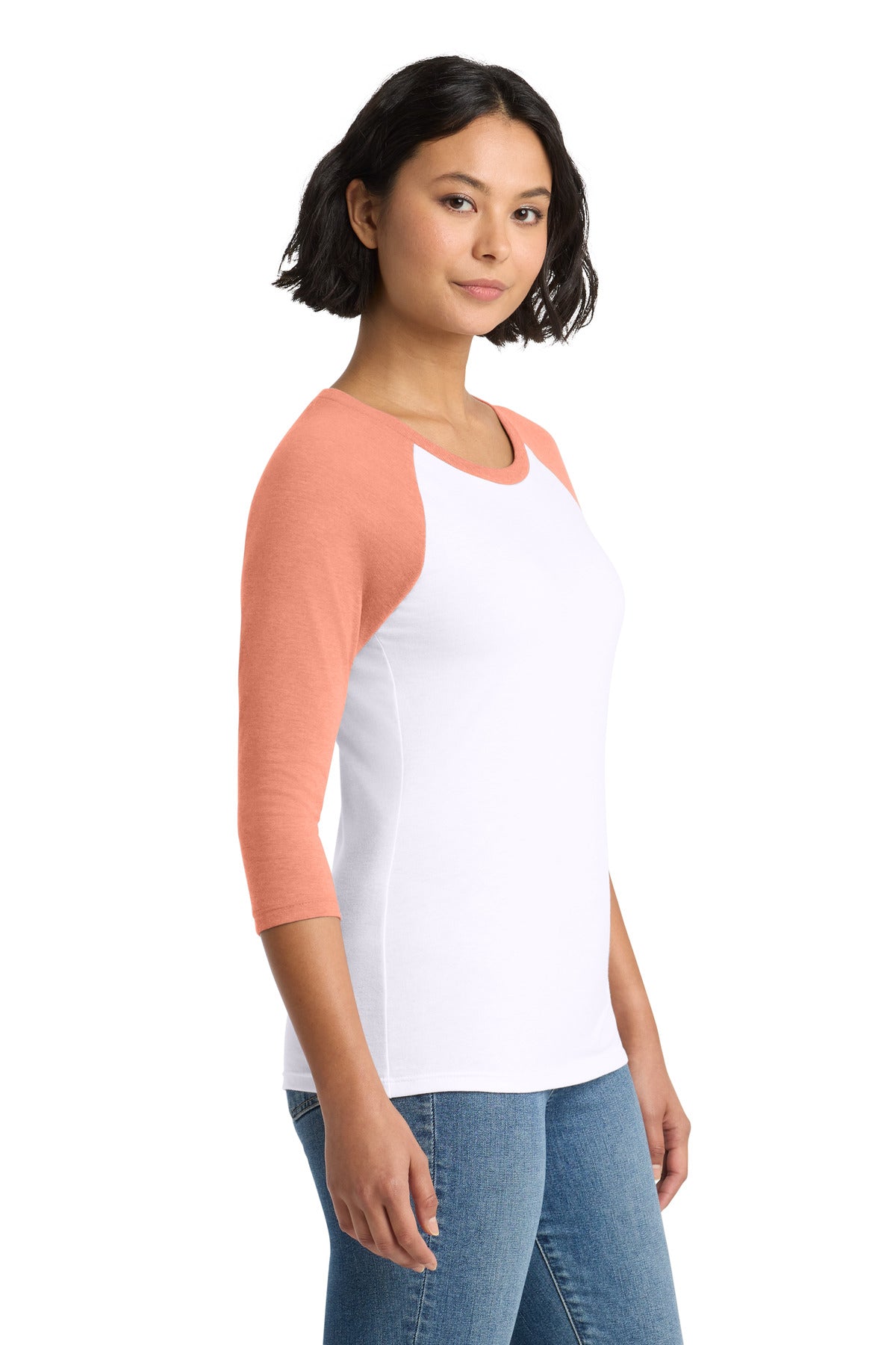 District Women's Perfect Tri 3/4-Sleeve Raglan. DM136L - Heather Dusty Peach/ White - side