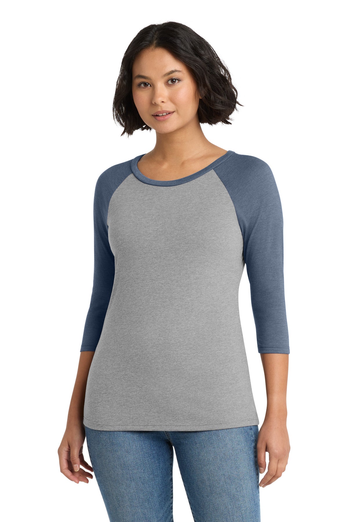 District Women's Perfect Tri 3/4-Sleeve Raglan. DM136L - Navy Frost/ Grey Frost - front