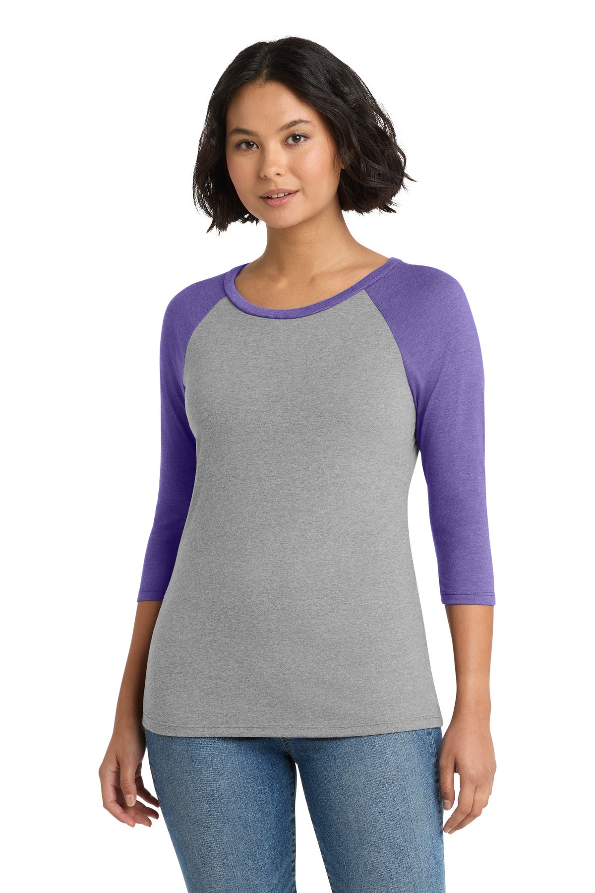 District Women's Perfect Tri 3/4-Sleeve Raglan. DM136L - Purple Frost/ Grey Frost - front
