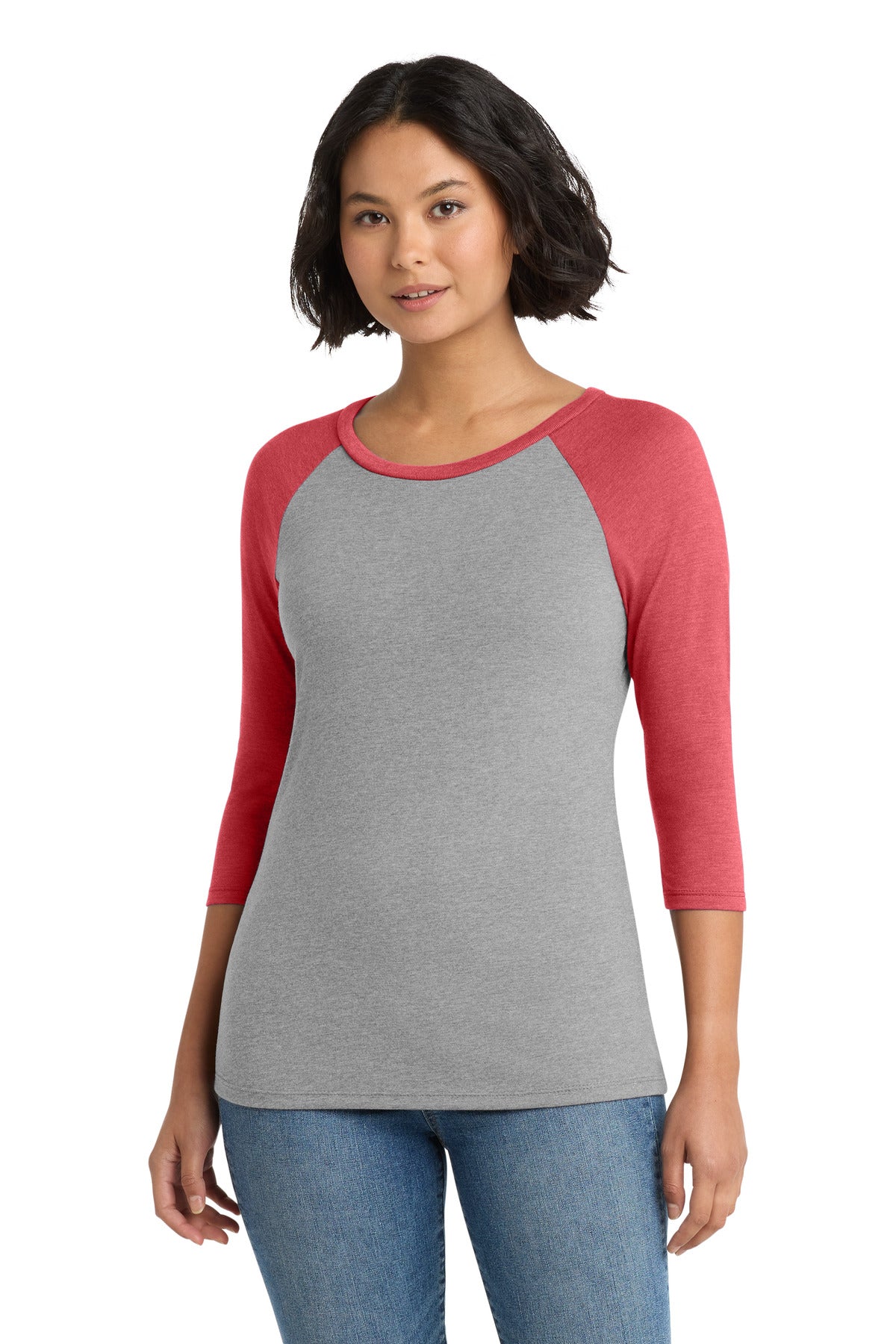 District Women's Perfect Tri 3/4-Sleeve Raglan. DM136L - Red Frost/ Grey Frost - front