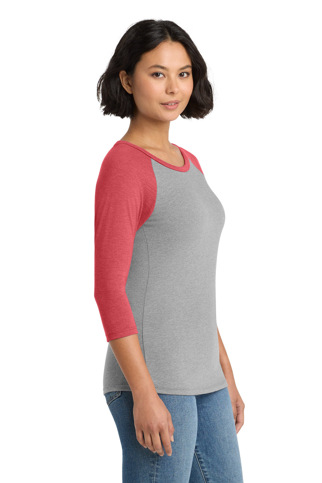 District Women's Perfect Tri 3/4-Sleeve Raglan. DM136L - Red Frost/ Grey Frost - side