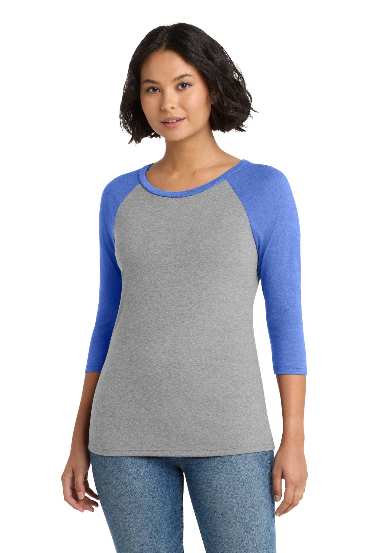 District Women's Perfect Tri 3/4-Sleeve Raglan. DM136L - Royal Frost/ Grey Frost - front