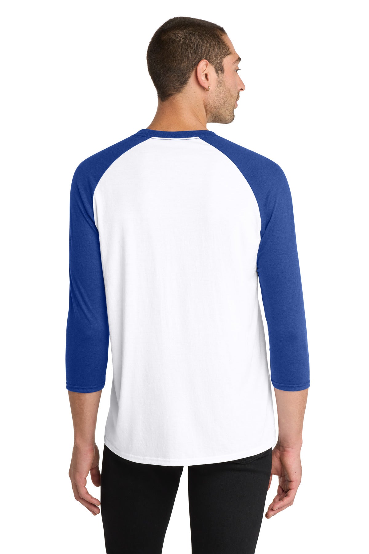 District Perfect Tri 3/4-Sleeve Raglan. DM136 - Deep Royal/ White - back