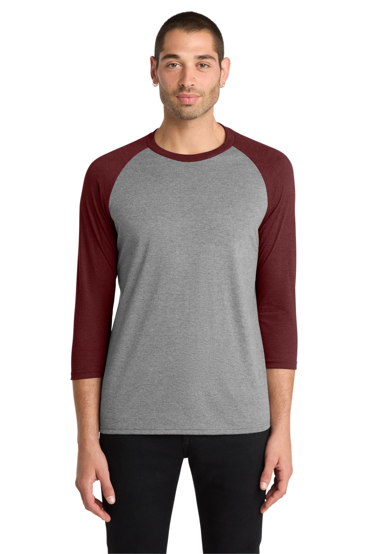 District Perfect Tri 3/4-Sleeve Raglan. DM136 - Maroon Frost/ Grey Frost - front