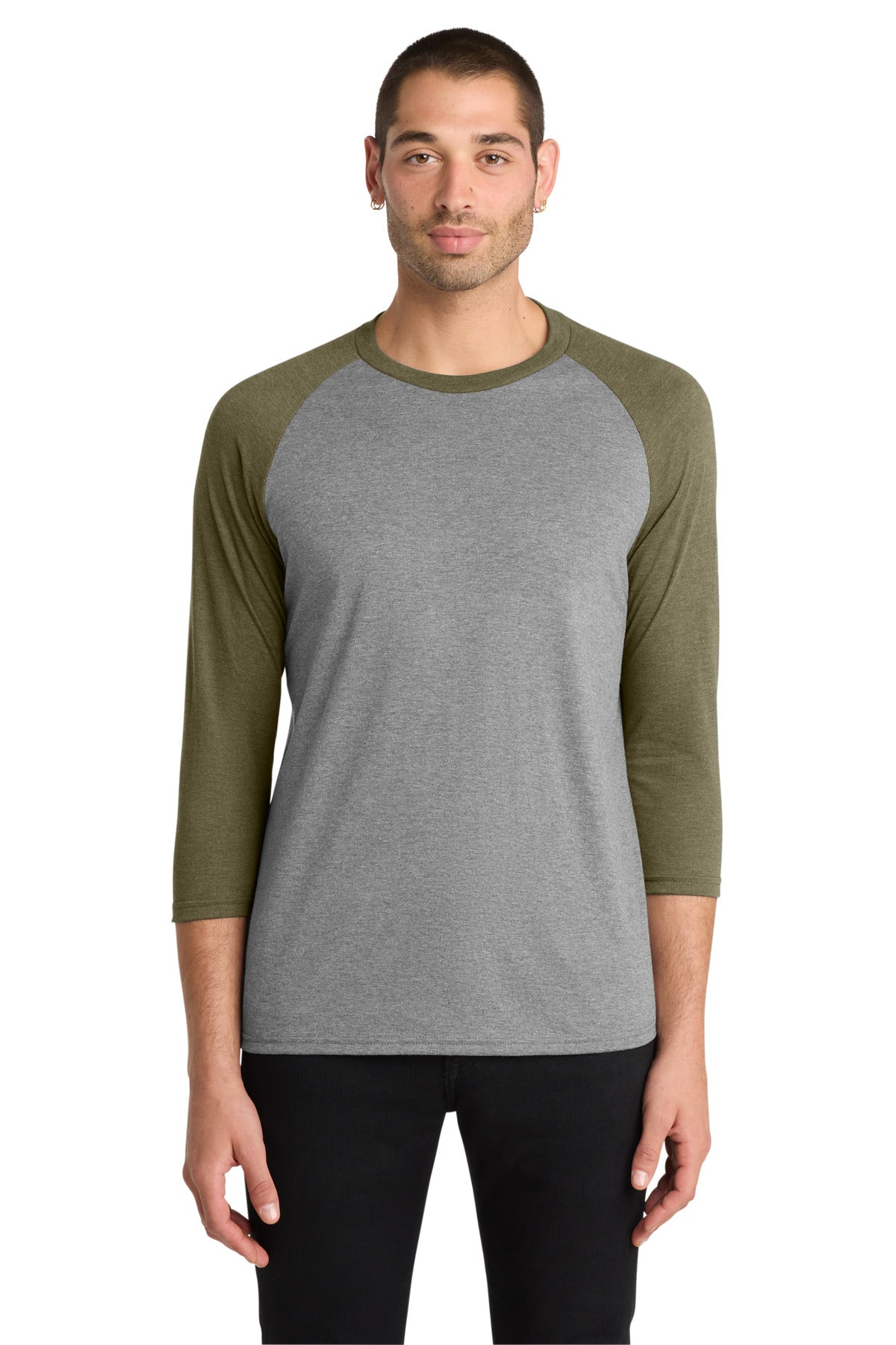 District Perfect Tri 3/4-Sleeve Raglan. DM136 - Military Green Frost/ Grey Frost - front