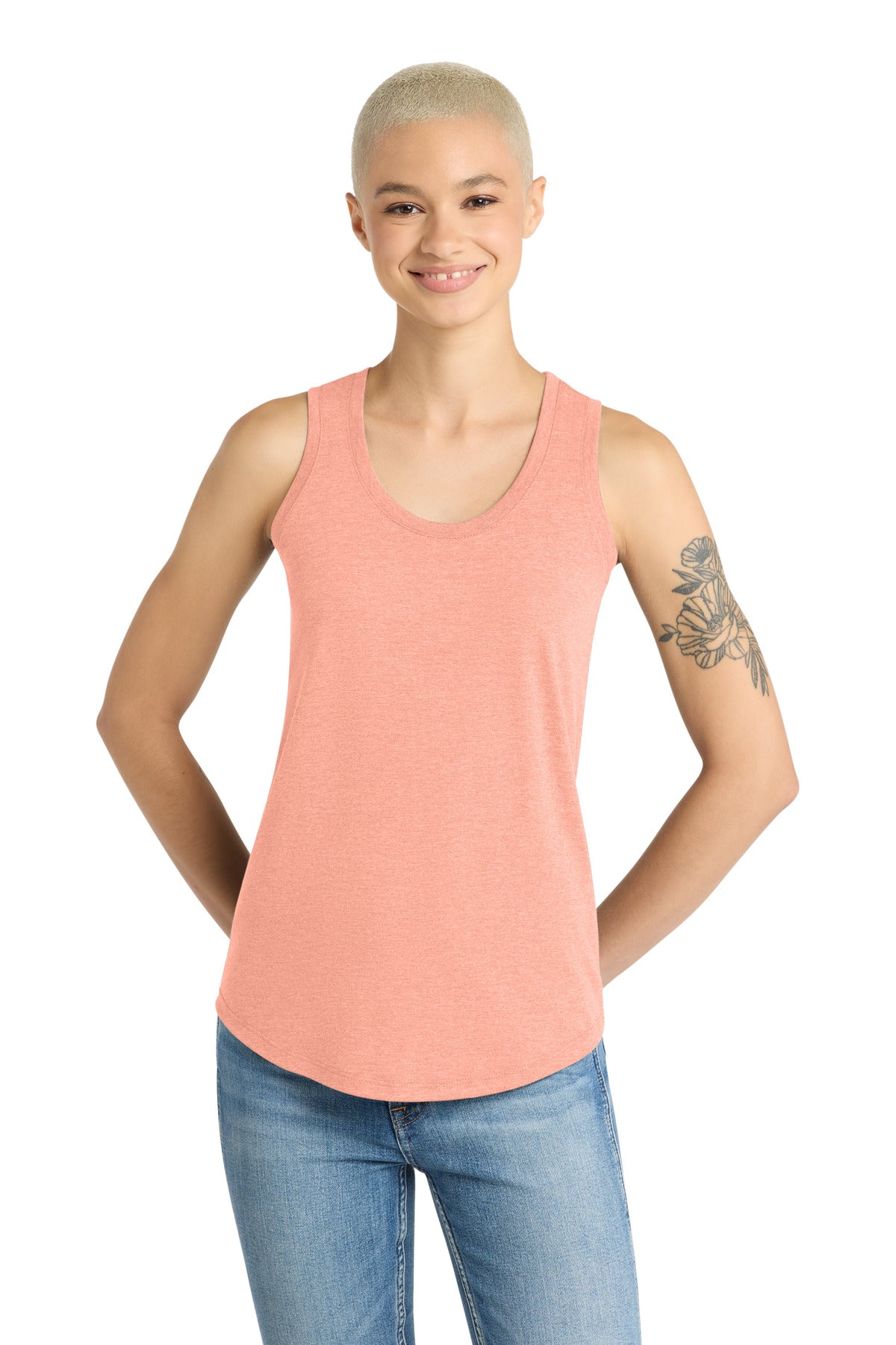 District Women's Perfect Tri Racerback Tank. DM138L - Heathered Dusty Peach - front