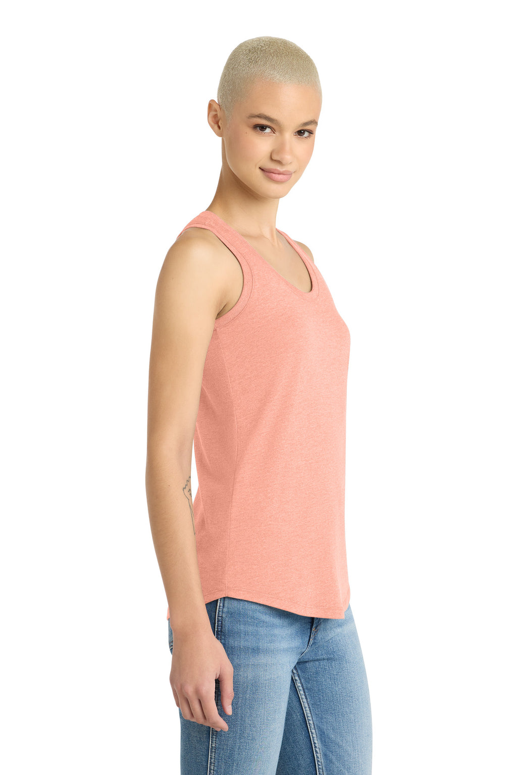 District Women's Perfect Tri Racerback Tank. DM138L - Heathered Dusty Peach - side