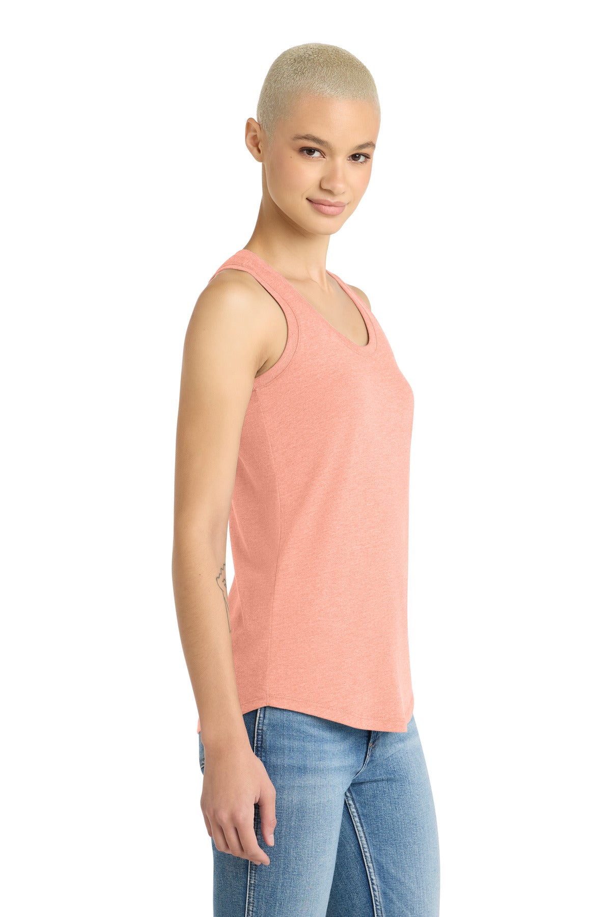 District Women's Perfect Tri Racerback Tank. DM138L - Heathered Dusty Peach - side
