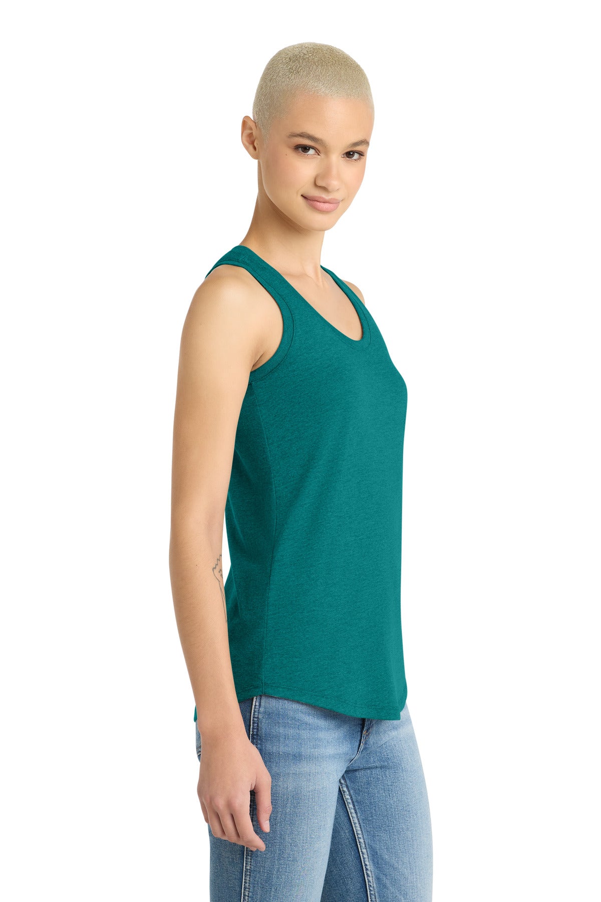 District Women's Perfect Tri Racerback Tank. DM138L - Heathered Teal - side