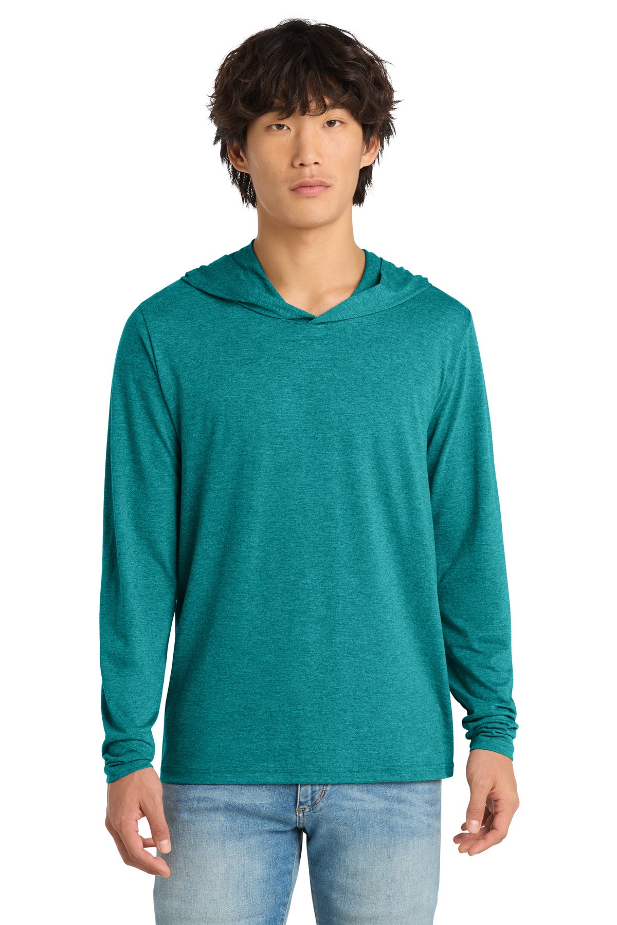 District Perfect Tri Long Sleeve Hoodie. DM139 - Heathered Teal - front
