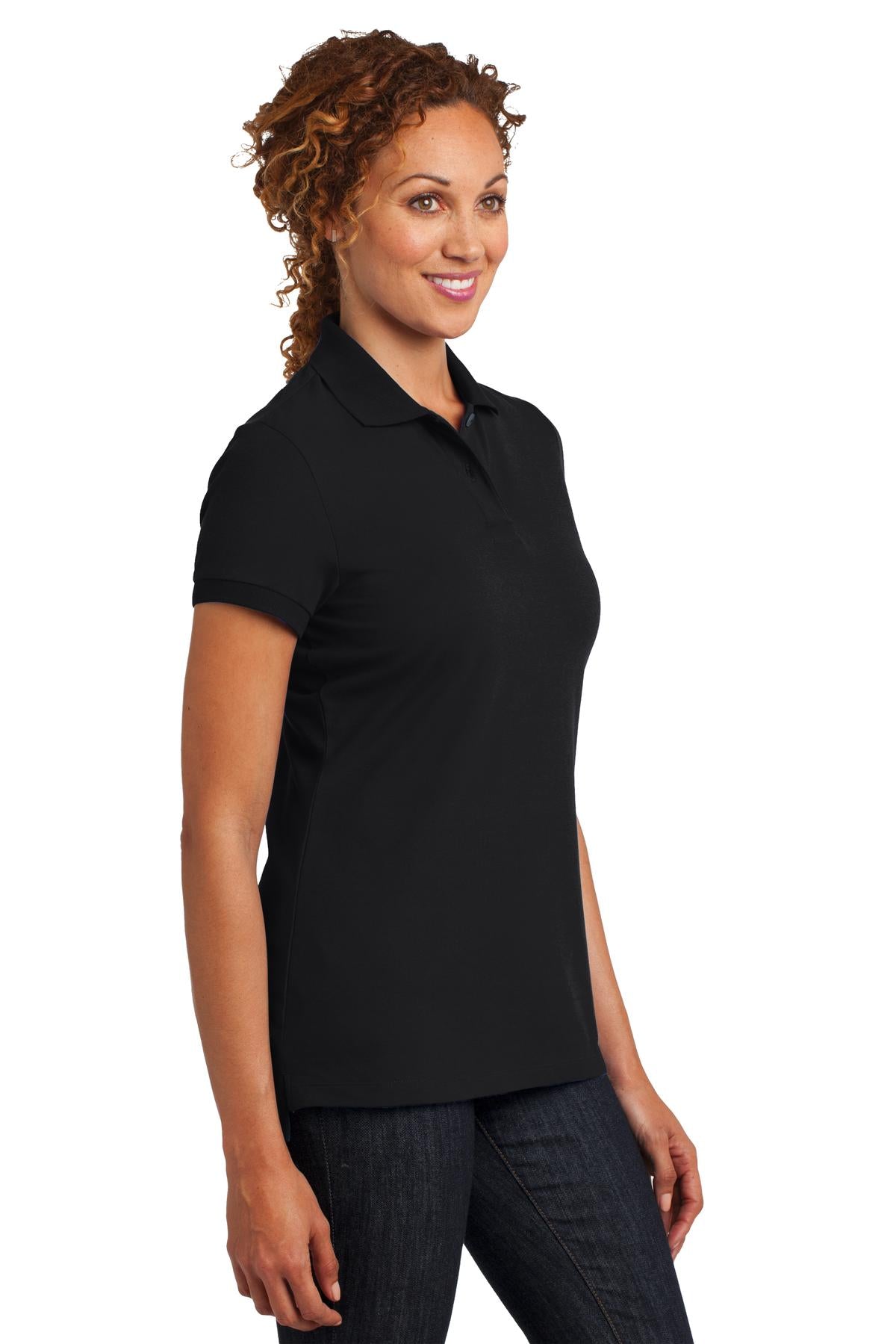 DISCONTINUED District Made Ladies Stretch Pique Polo. DM425 - Black - three_q