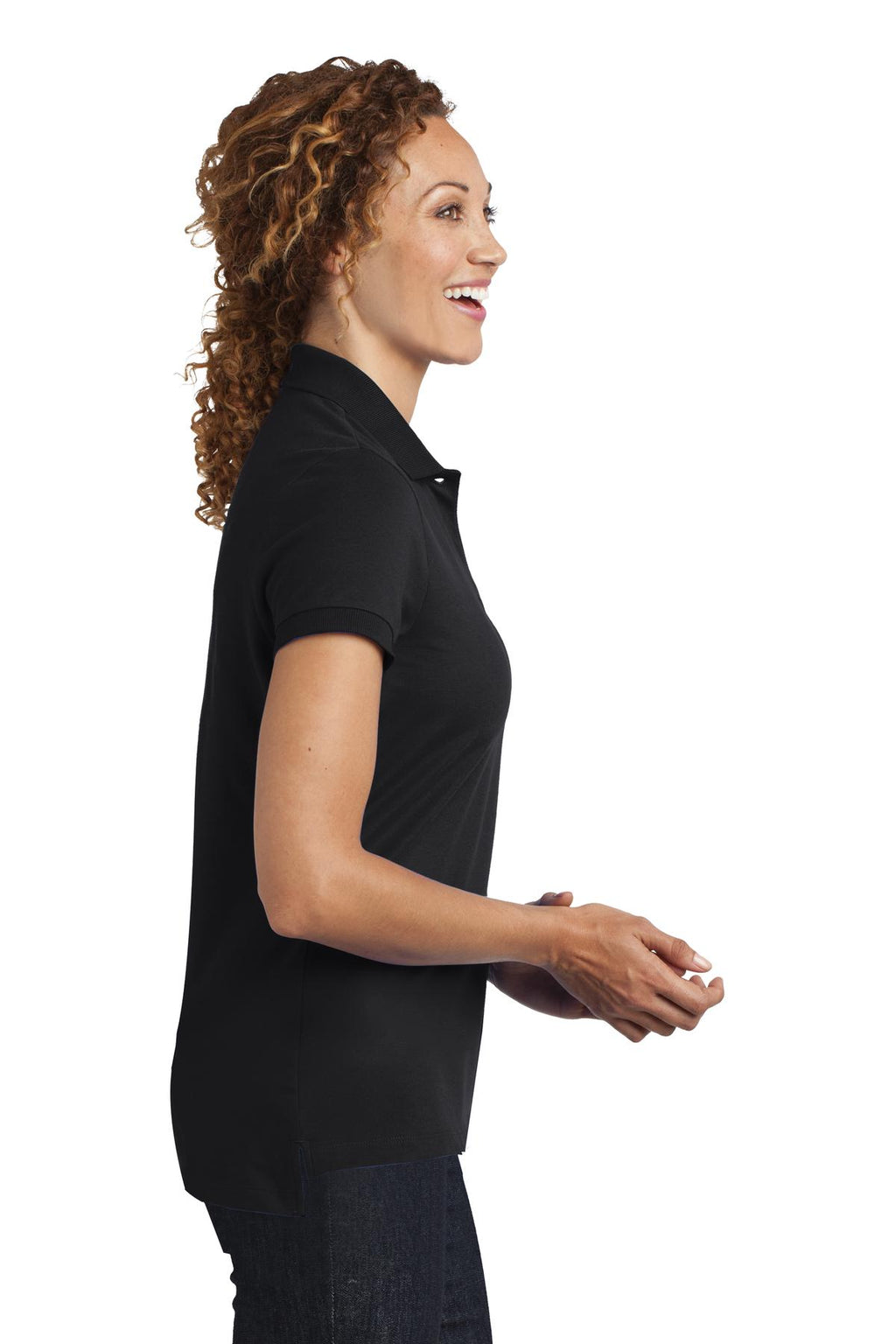 DISCONTINUED District Made Ladies Stretch Pique Polo. DM425 - Black - side