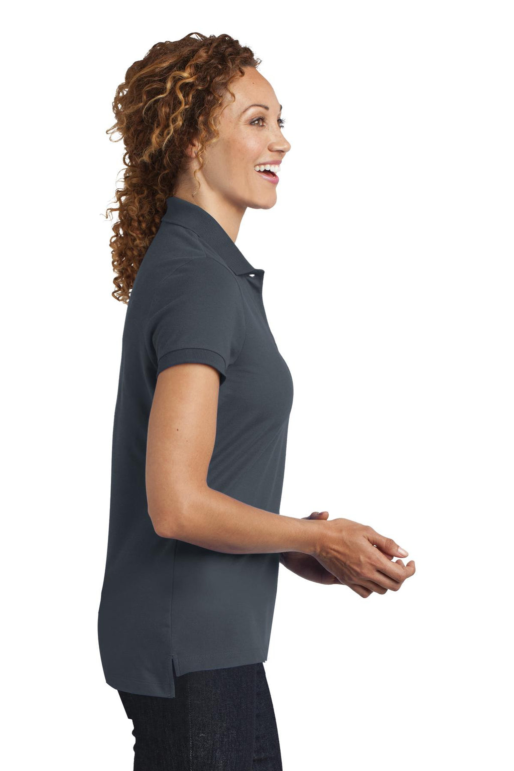 DISCONTINUED District Made Ladies Stretch Pique Polo. DM425 - Grey Smoke - side