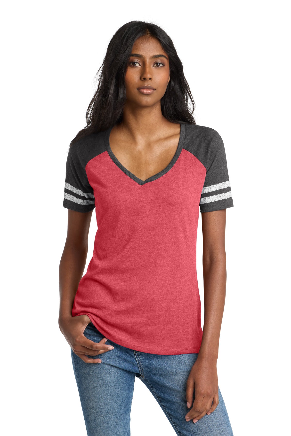District Women's Game V-Neck Tee. DM476 - Heathered Red/ Heathered Charcoal - front