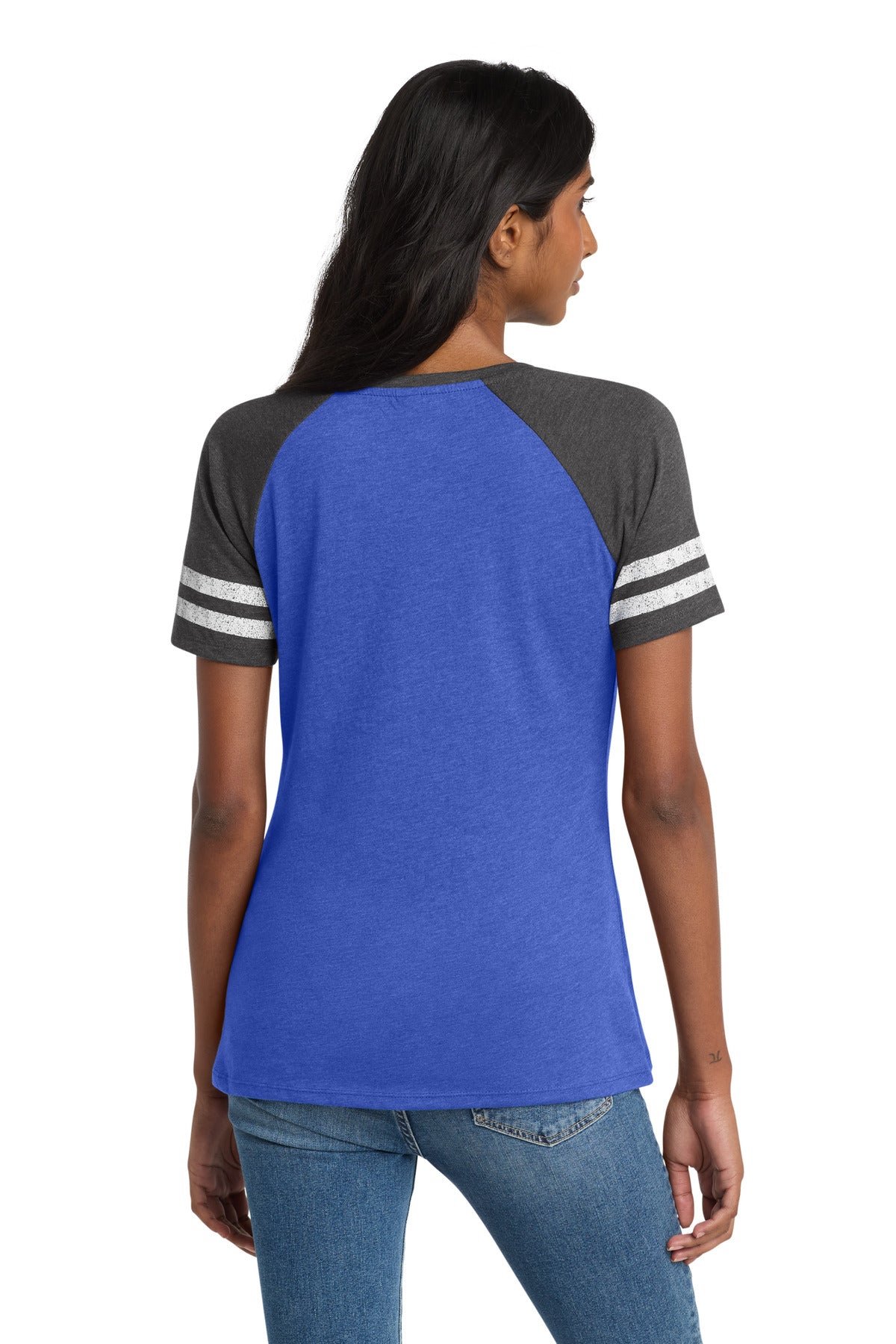 District Women's Game V-Neck Tee. DM476 - Heathered True Royal/ Heathered Charcoal - back