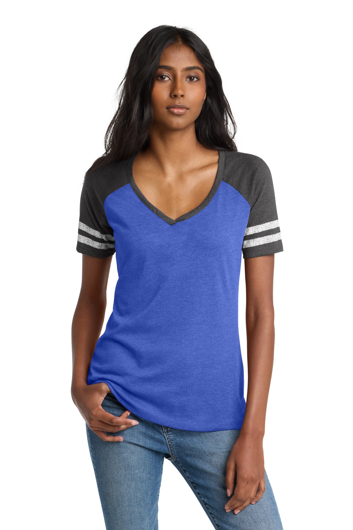 District Women's Game V-Neck Tee. DM476 - Heathered True Royal/ Heathered Charcoal - front
