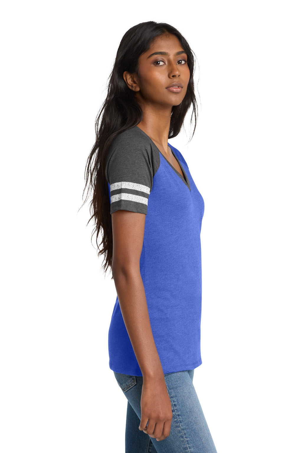 District Women's Game V-Neck Tee. DM476 - Heathered True Royal/ Heathered Charcoal - side