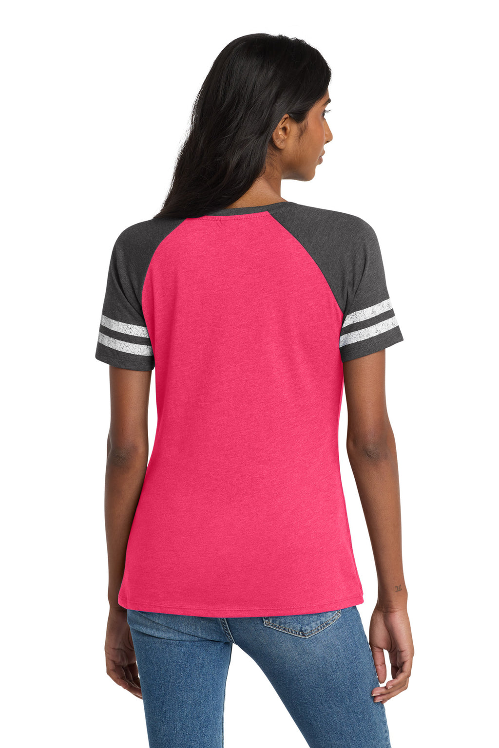 District Women's Game V-Neck Tee. DM476 - Heathered Watermelon/ Heathered Charcoal - back