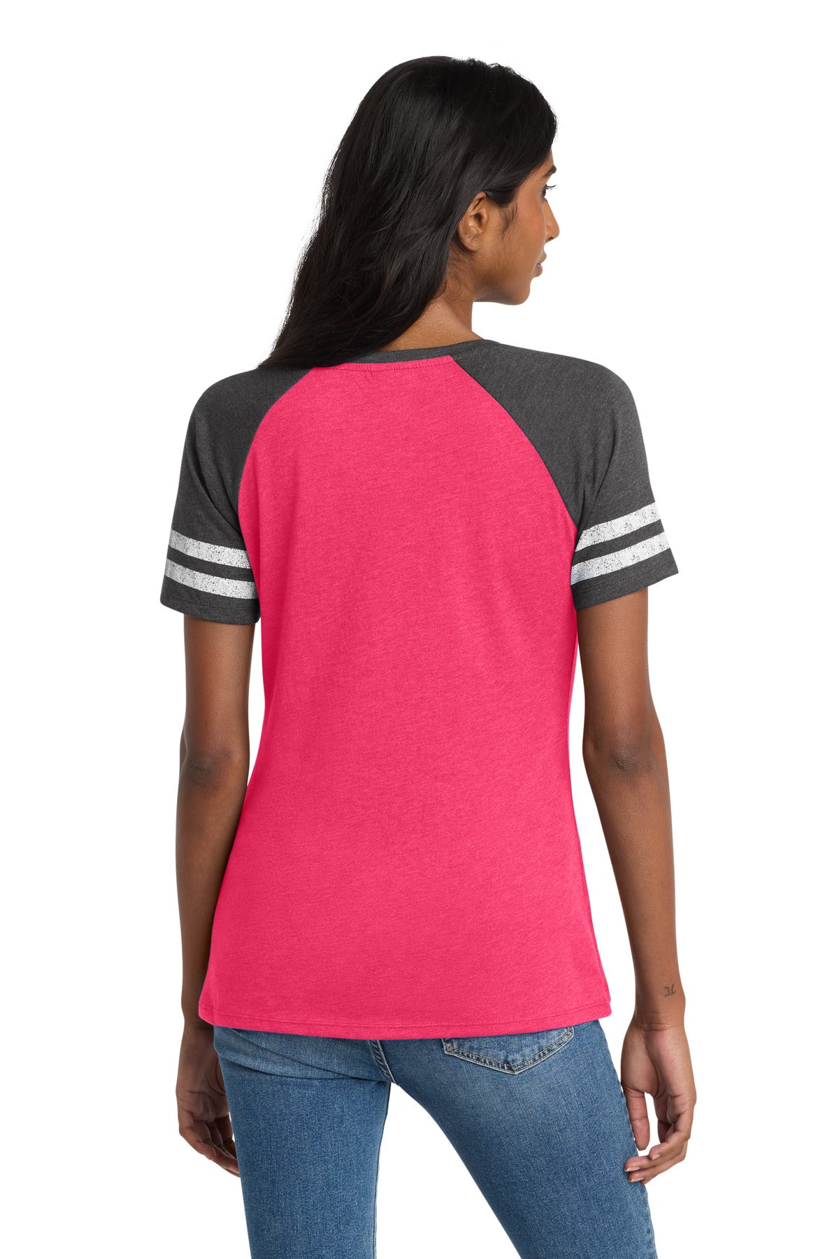 District Women's Game V-Neck Tee. DM476 - Heathered Watermelon/ Heathered Charcoal - back