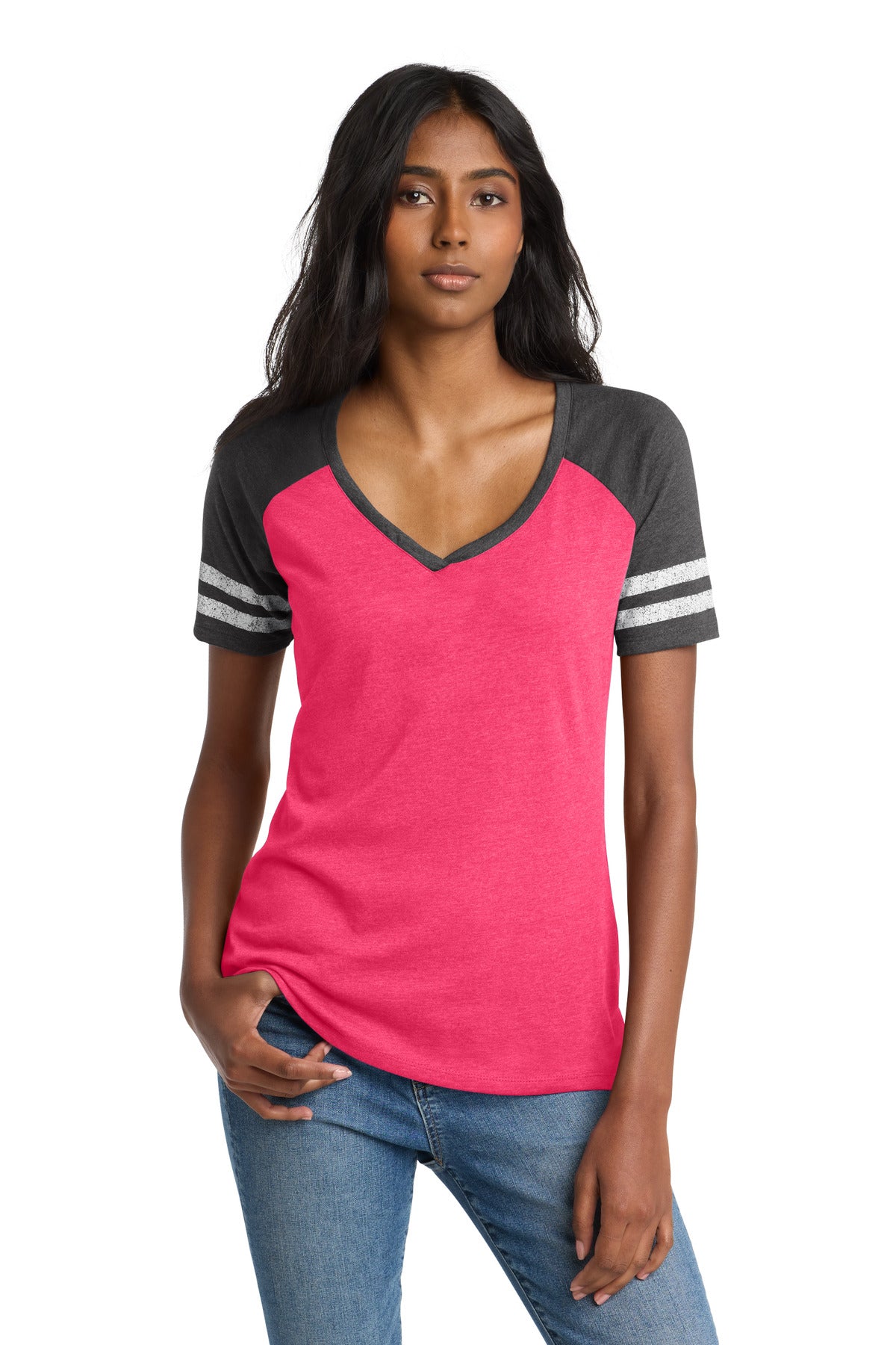 District Women's Game V-Neck Tee. DM476 - Heathered Watermelon/ Heathered Charcoal - front