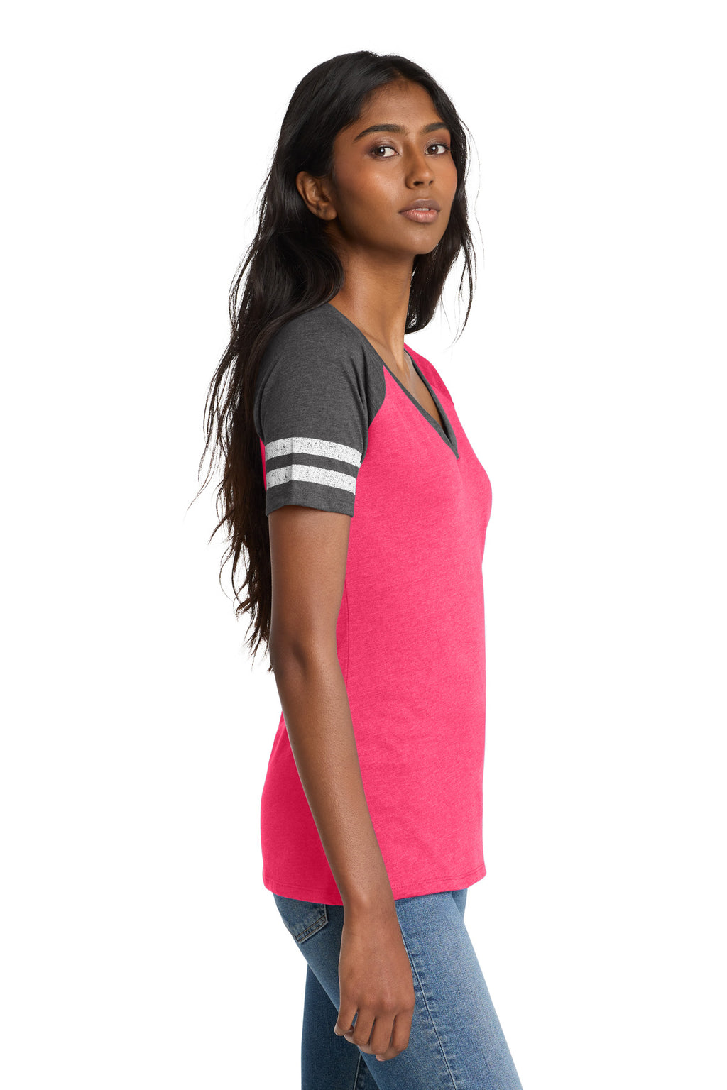 District Women's Game V-Neck Tee. DM476 - Heathered Watermelon/ Heathered Charcoal - side