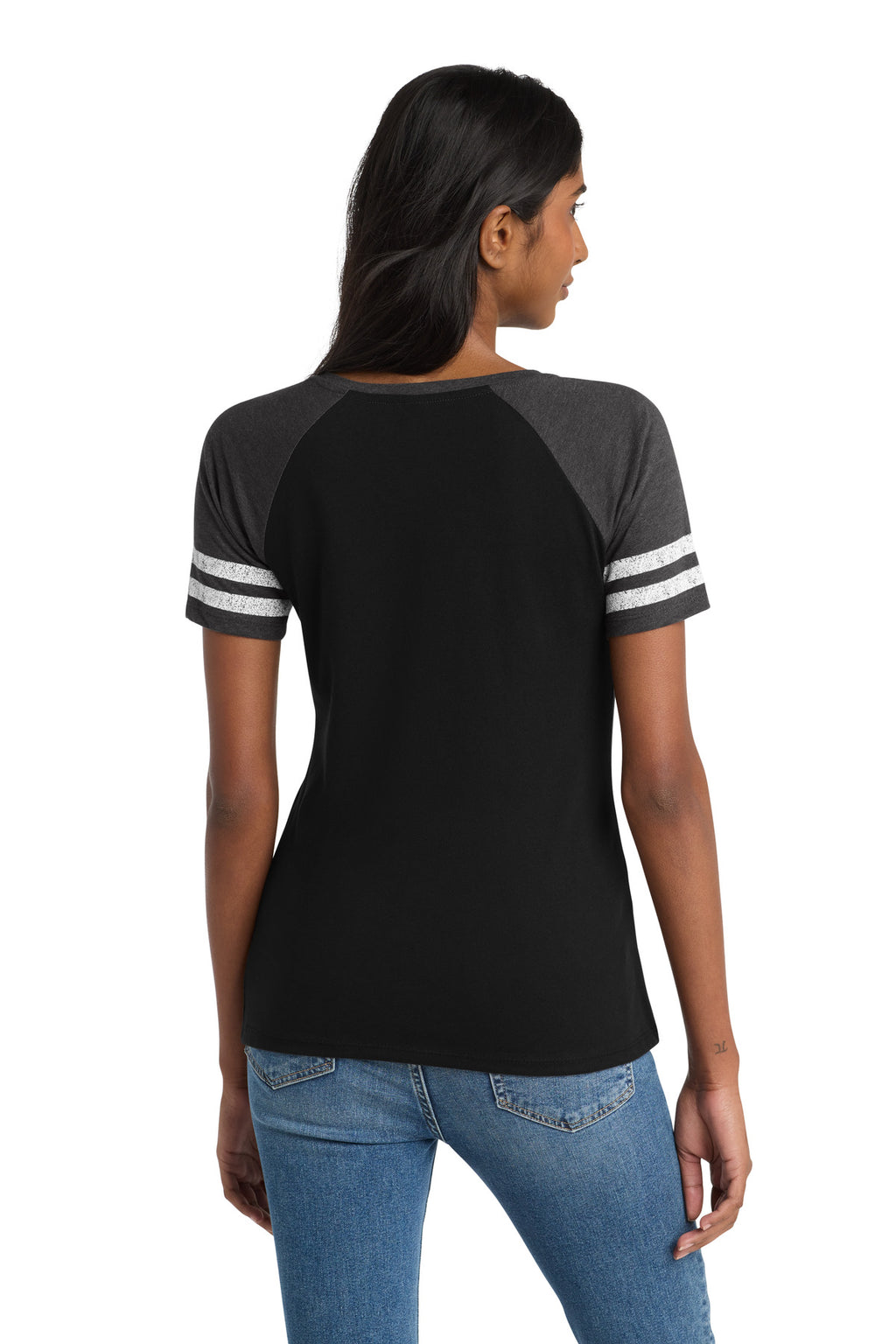 District Women's Game V-Neck Tee. DM476 - Black/ Heathered Charcoal - back