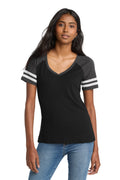 District Women's Game V-Neck Tee. DM476 - Black/ Heathered Charcoal - front