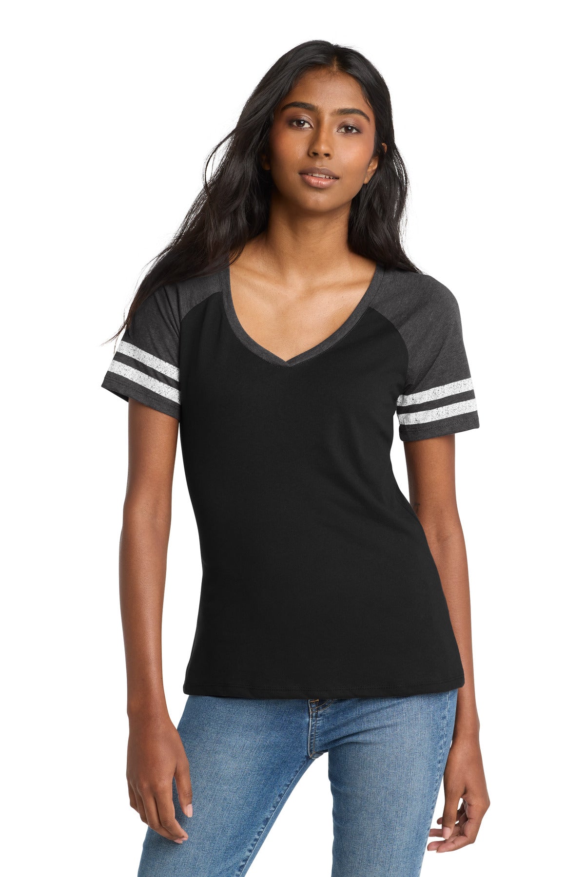 District Women's Game V-Neck Tee. DM476 - Black/ Heathered Charcoal - front