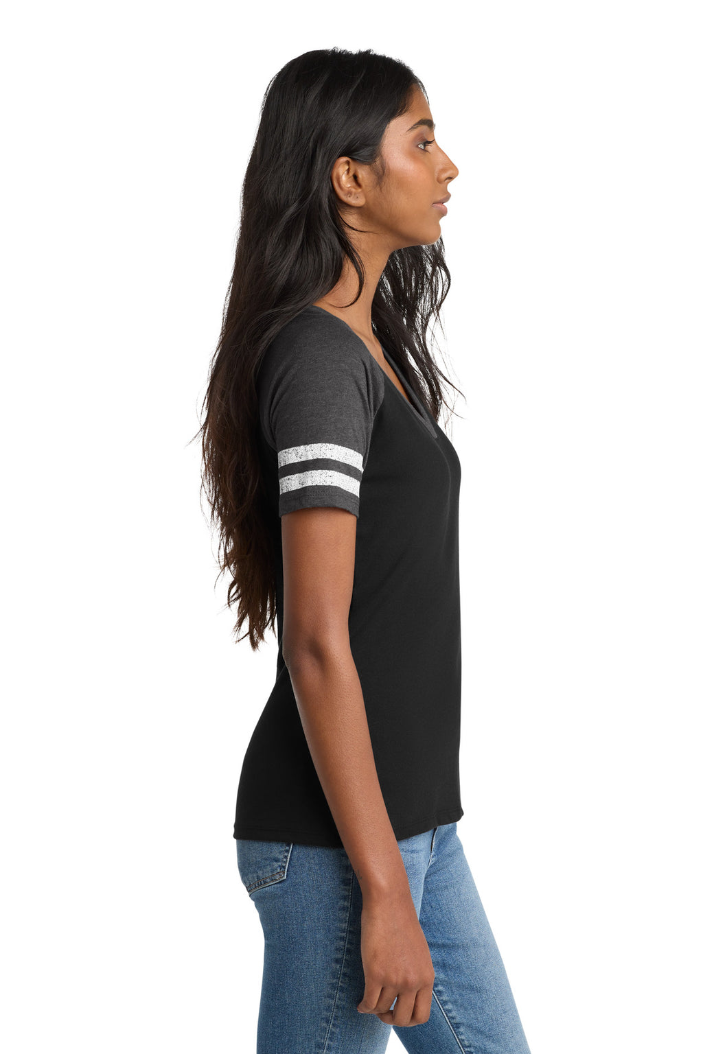 District Women's Game V-Neck Tee. DM476 - Black/ Heathered Charcoal - side
