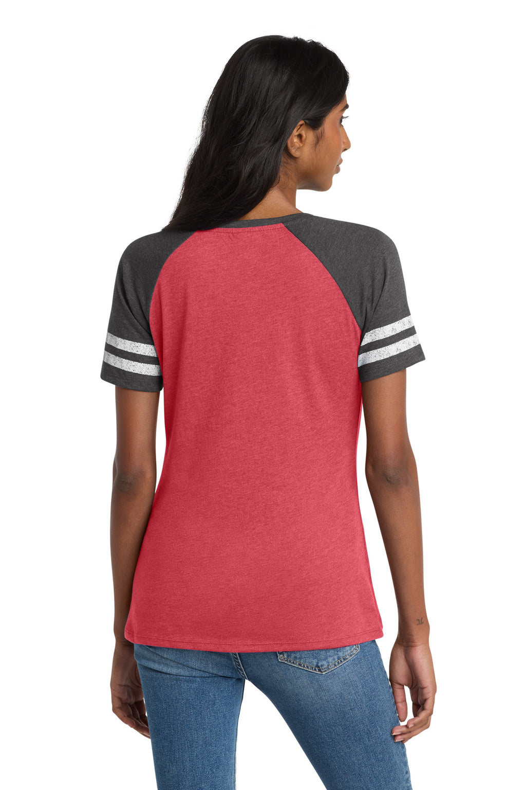 District Women's Game V-Neck Tee. DM476 - Heathered Red/ Heathered Charcoal - back