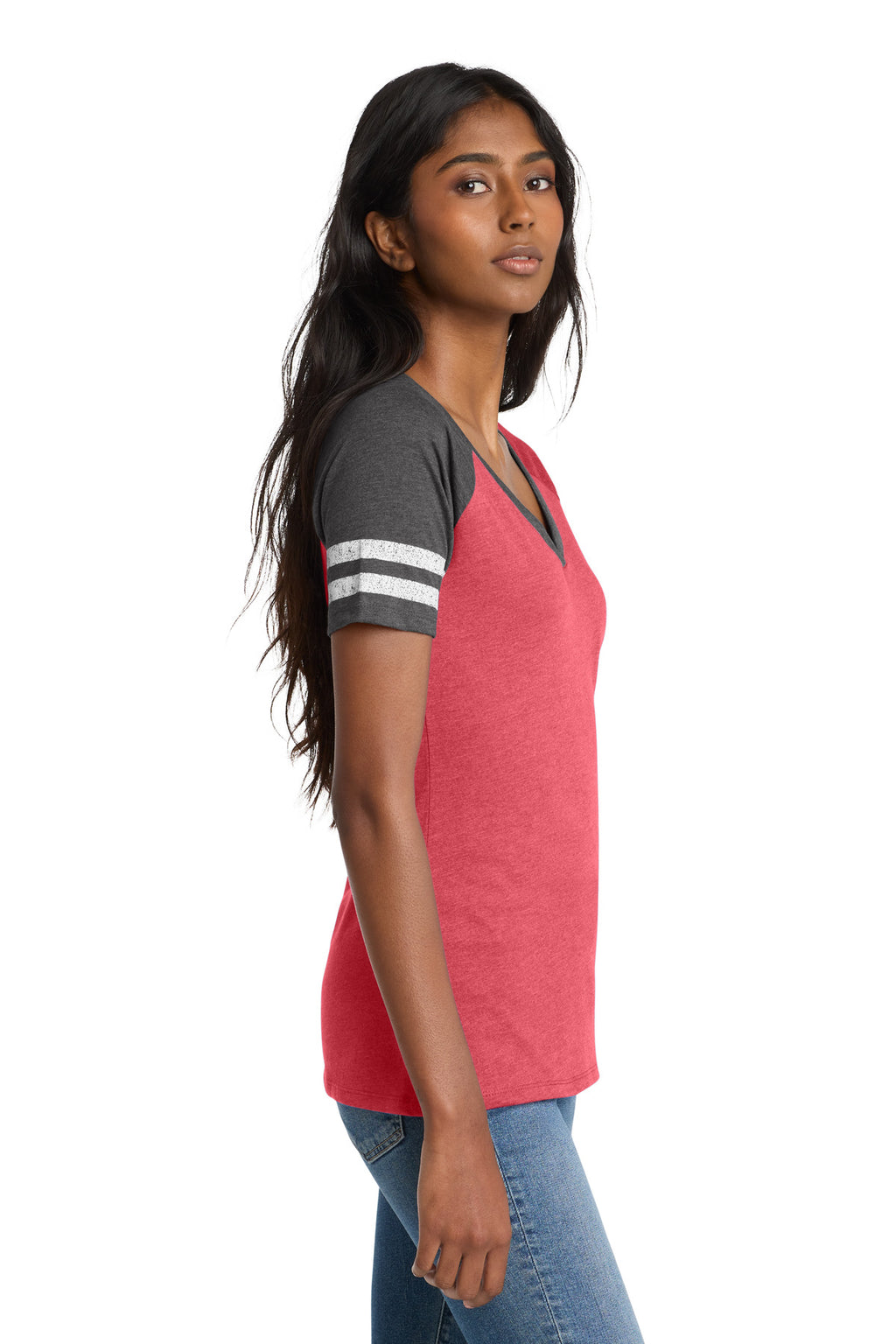 District Women's Game V-Neck Tee. DM476 - Heathered Red/ Heathered Charcoal - side