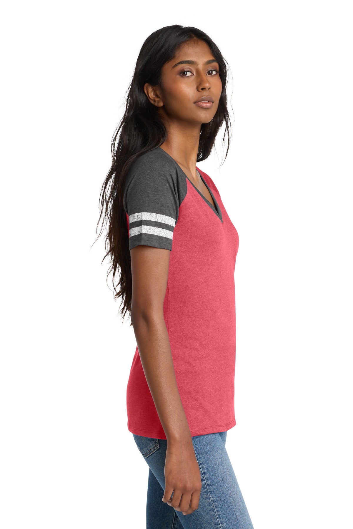 District Women's Game V-Neck Tee. DM476 - Heathered Red/ Heathered Charcoal - side