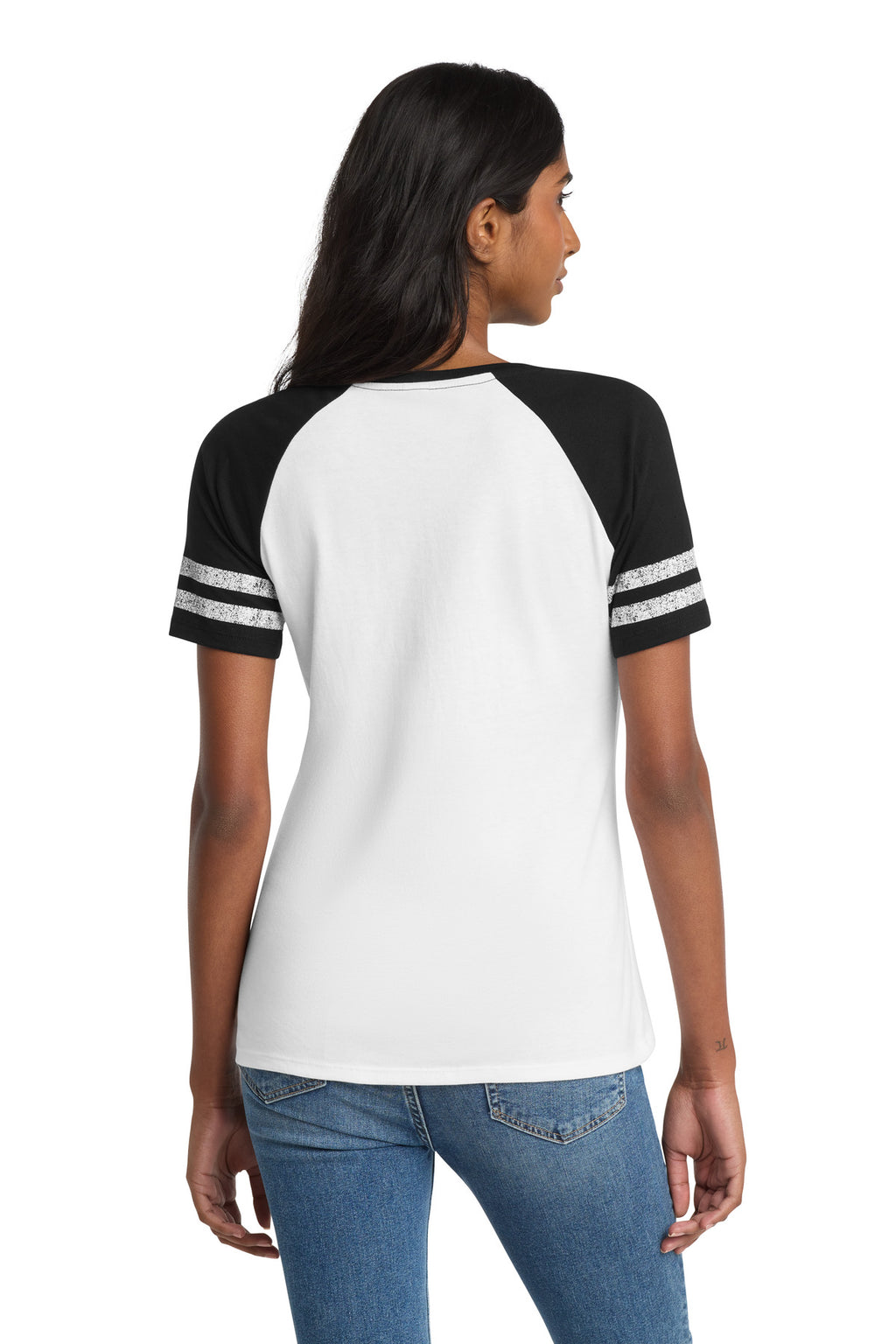 District Women's Game V-Neck Tee. DM476 - White/ Black - back