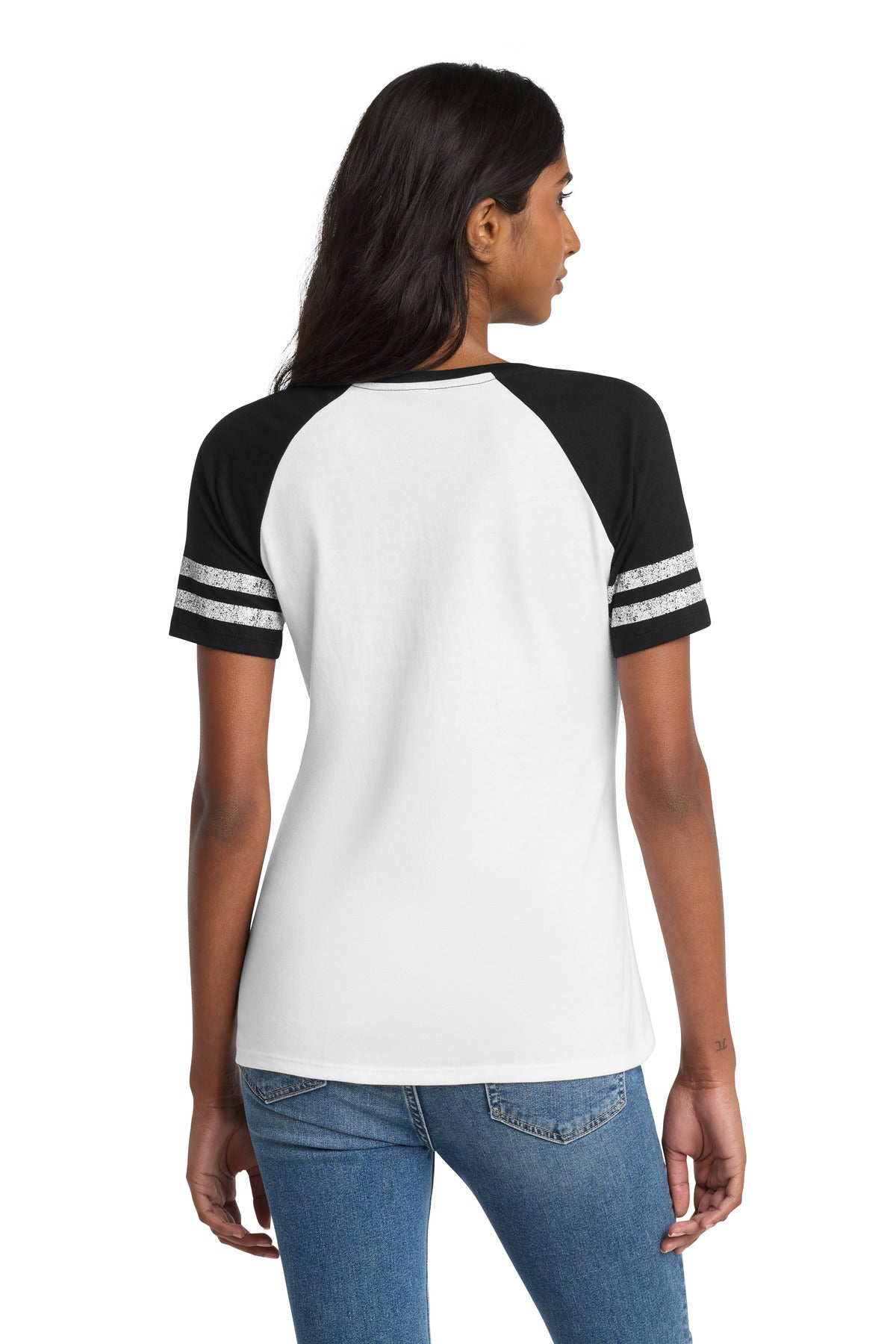 District Women's Game V-Neck Tee. DM476 - White/ Black - back