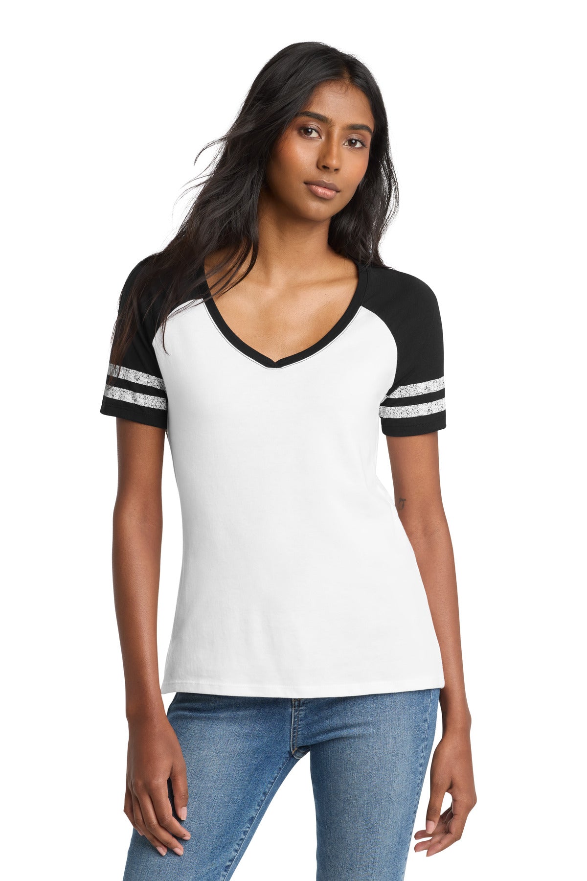 District Women's Game V-Neck Tee. DM476 - White/ Black - front