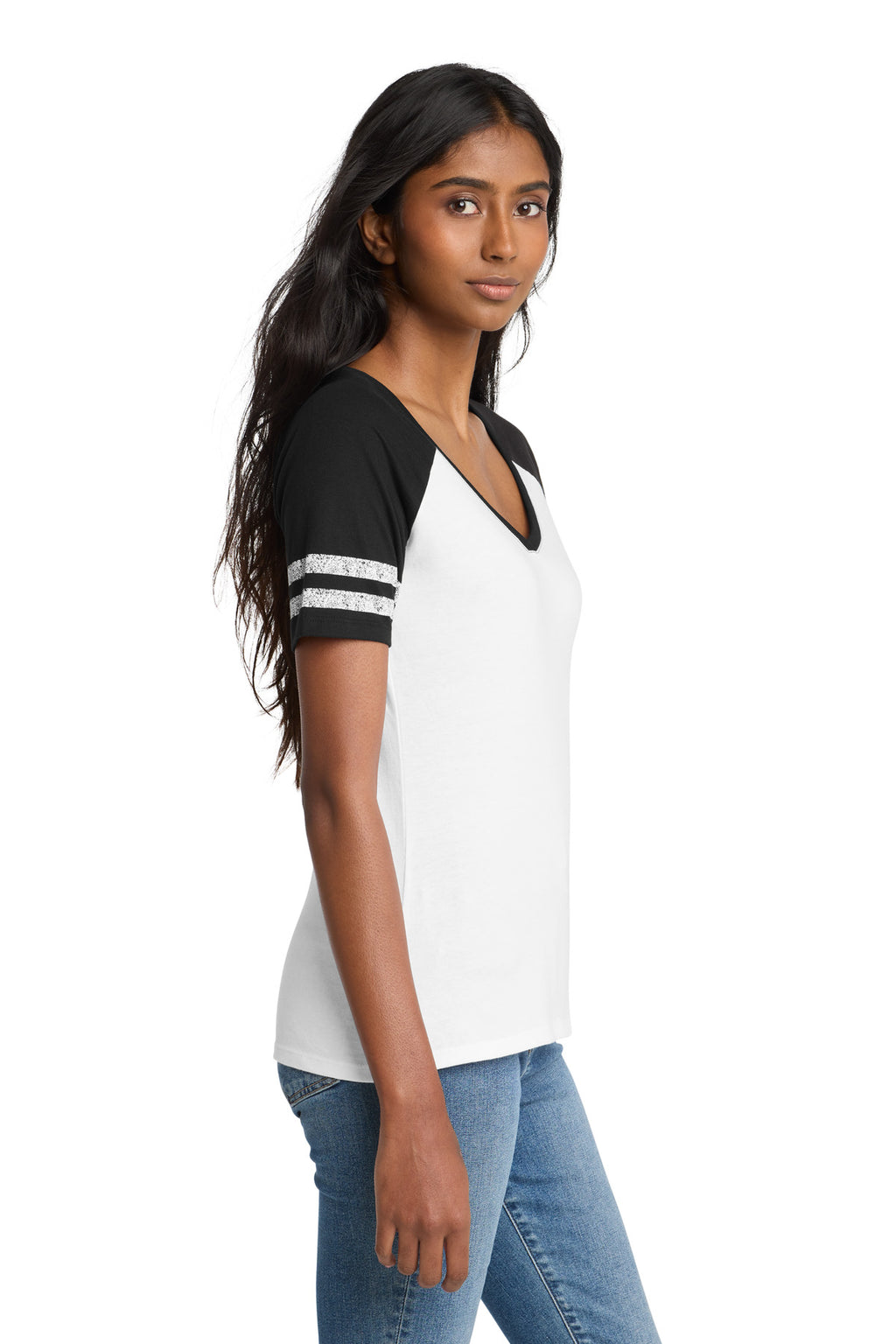 District Women's Game V-Neck Tee. DM476 - White/ Black - side
