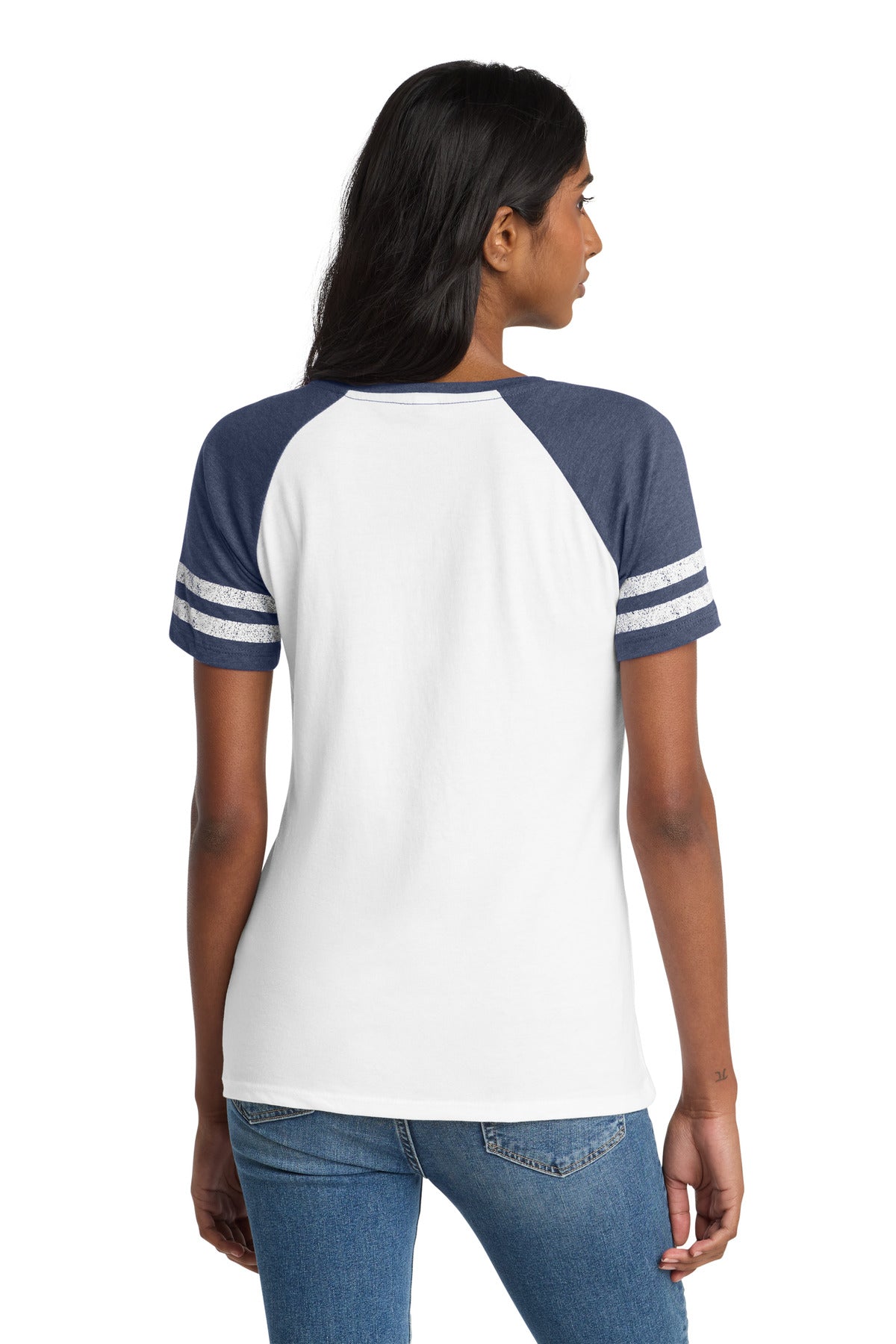 District Women's Game V-Neck Tee. DM476 - White/ Heathered True Navy - back