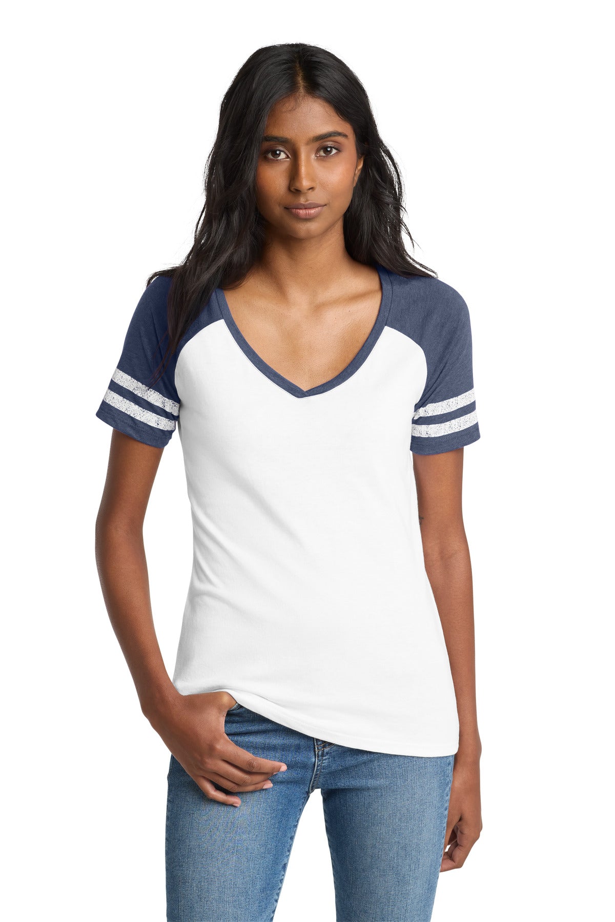 District Women's Game V-Neck Tee. DM476 - White/ Heathered True Navy - front