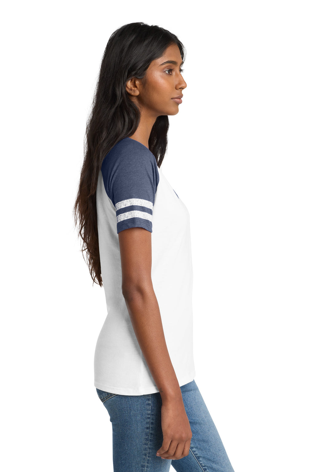District Women's Game V-Neck Tee. DM476 - White/ Heathered True Navy - side