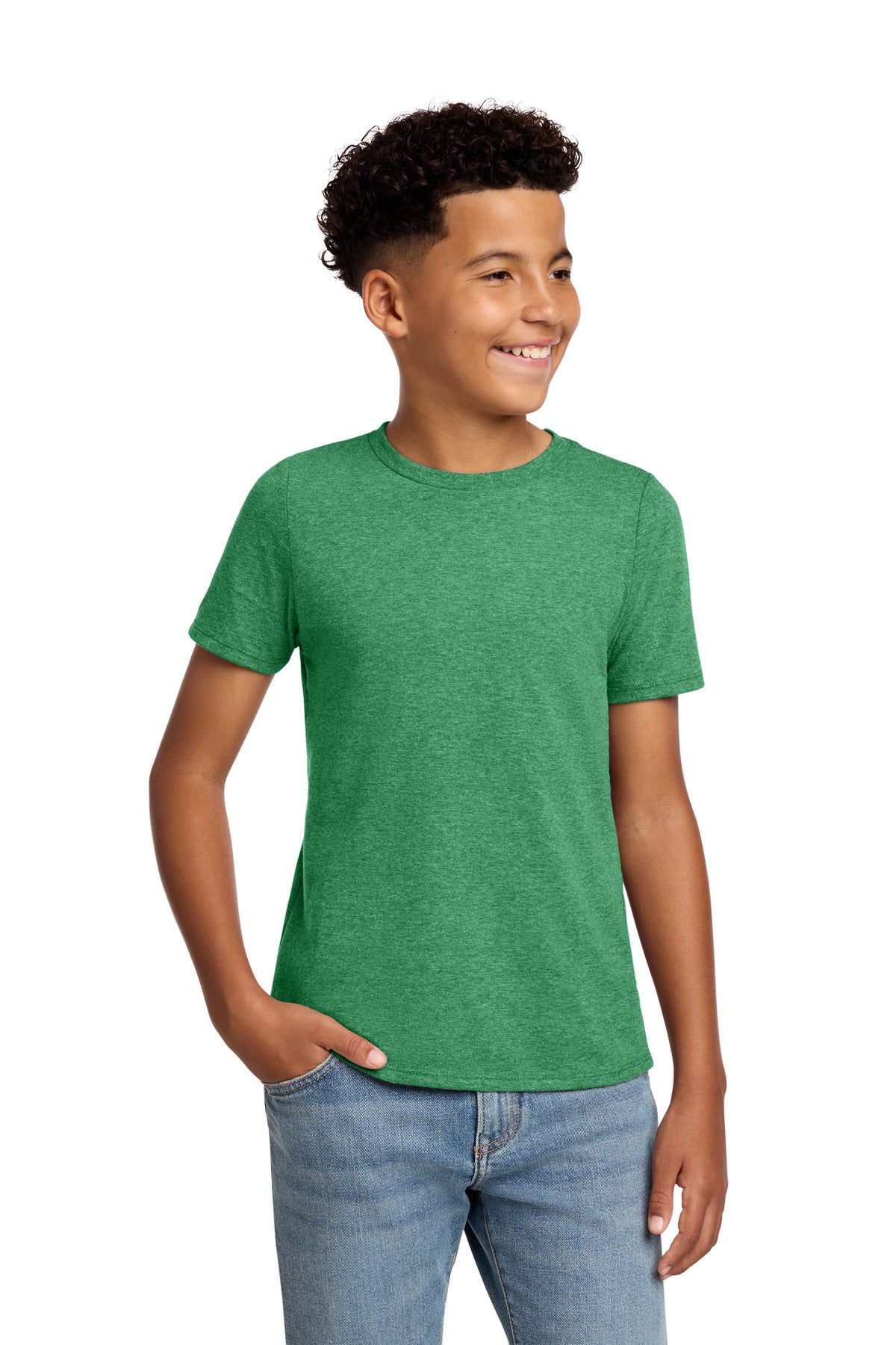 District Youth Perfect Blend CVC Tee DT108Y - Heathered Kelly Green - front
