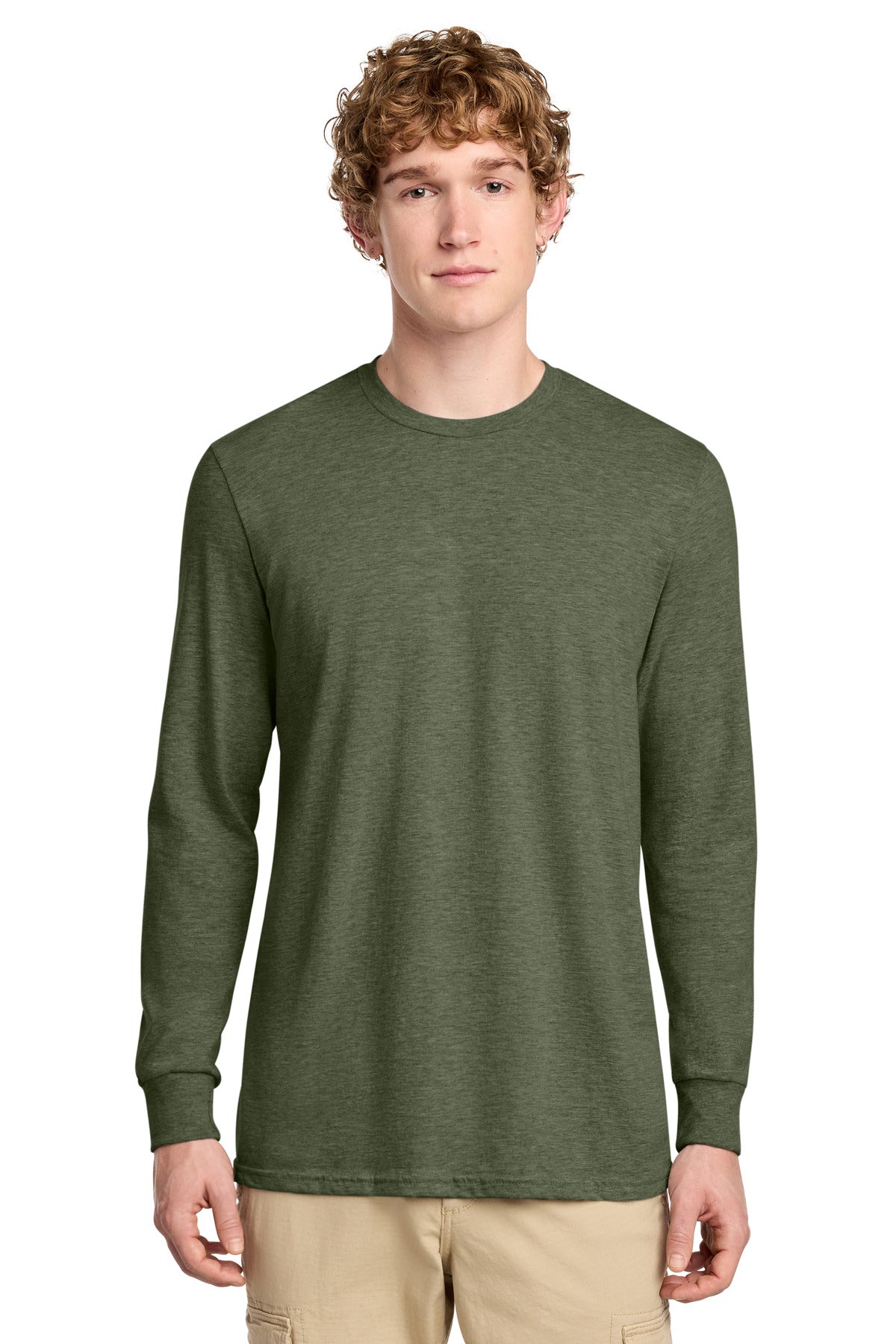District Perfect Blend CVC Long Sleeve Tee DT109 - Heathered Olive - front