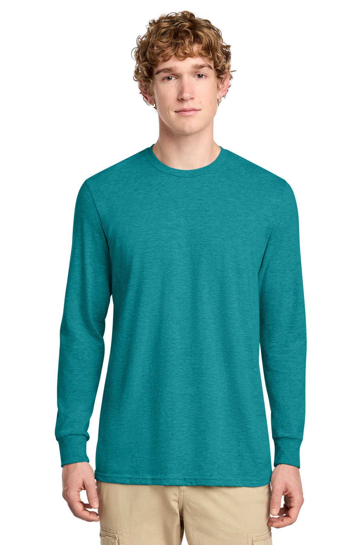 District Perfect Blend CVC Long Sleeve Tee DT109 - Heathered Teal - front