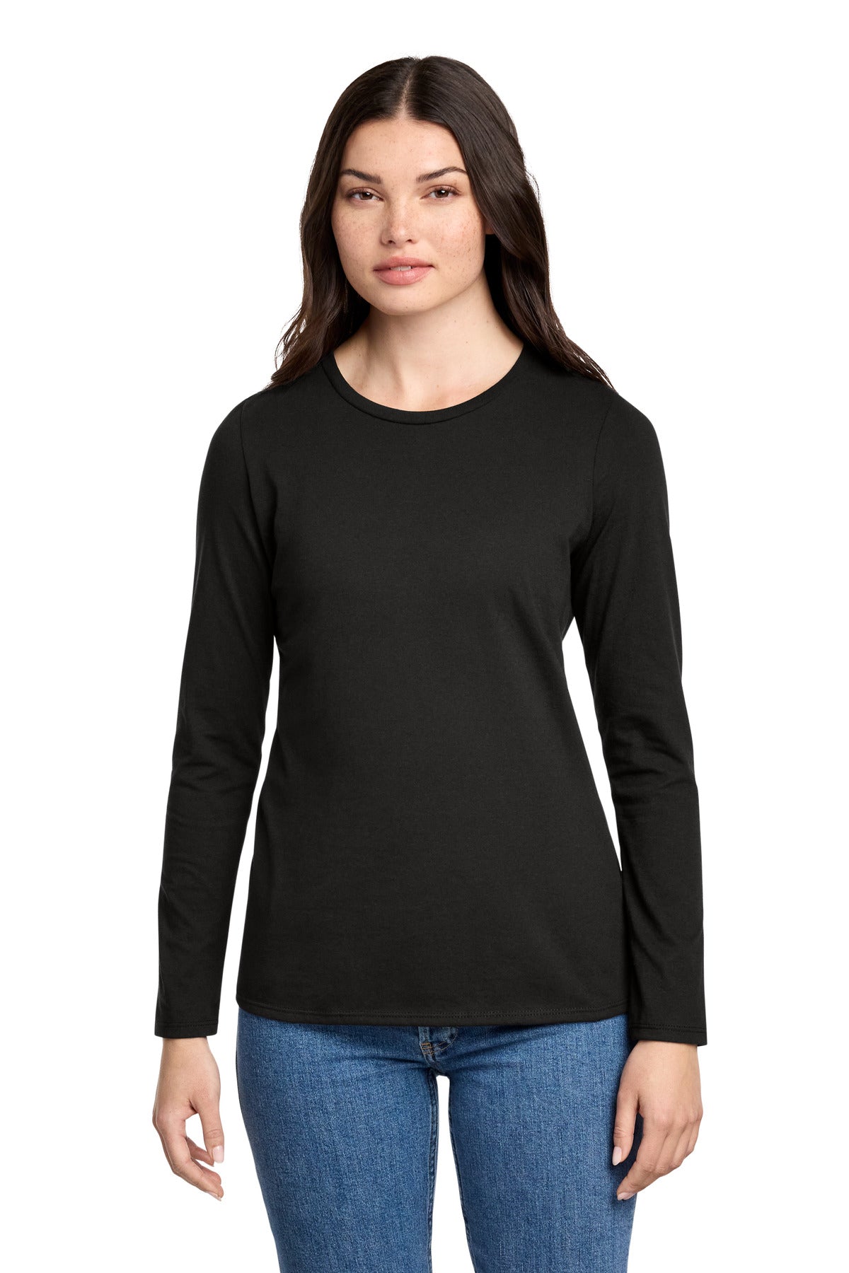 District Women's Perfect Blend CVC Long Sleeve Tee DT110 - Black - front