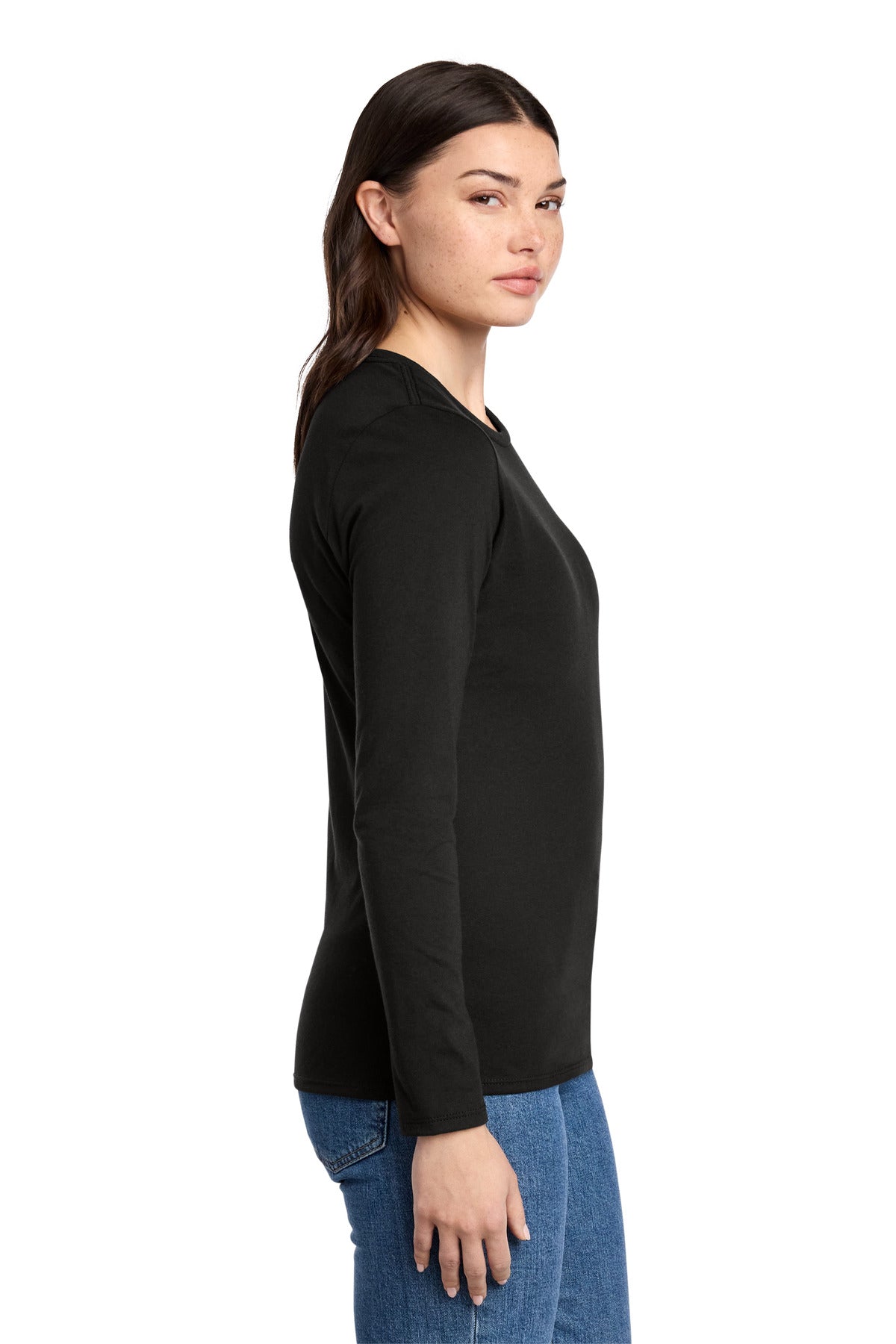 District Women's Perfect Blend CVC Long Sleeve Tee DT110 - Black - side