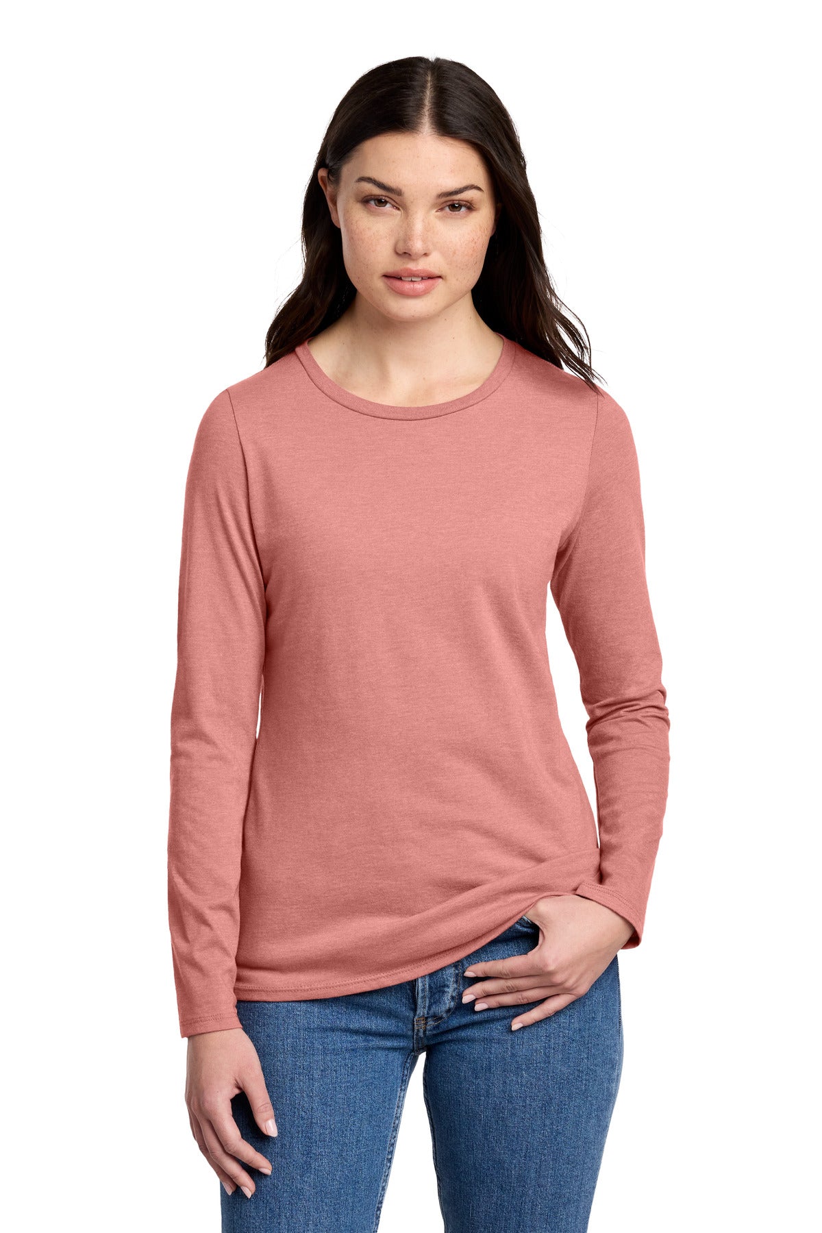 District Women's Perfect Blend CVC Long Sleeve Tee DT110 - Blush Frost - front