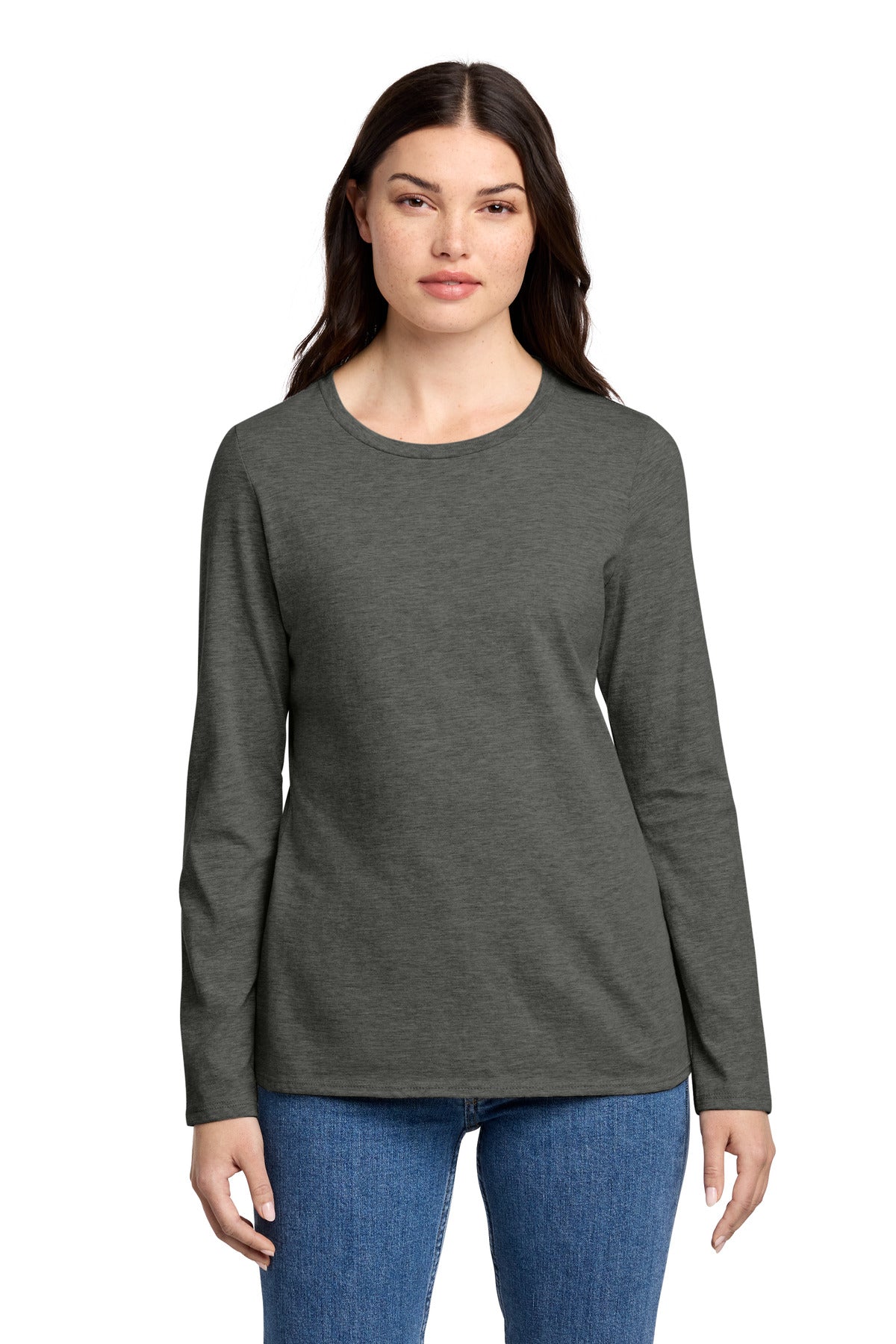 District Women's Perfect Blend CVC Long Sleeve Tee DT110 - Heathered Charcoal - front