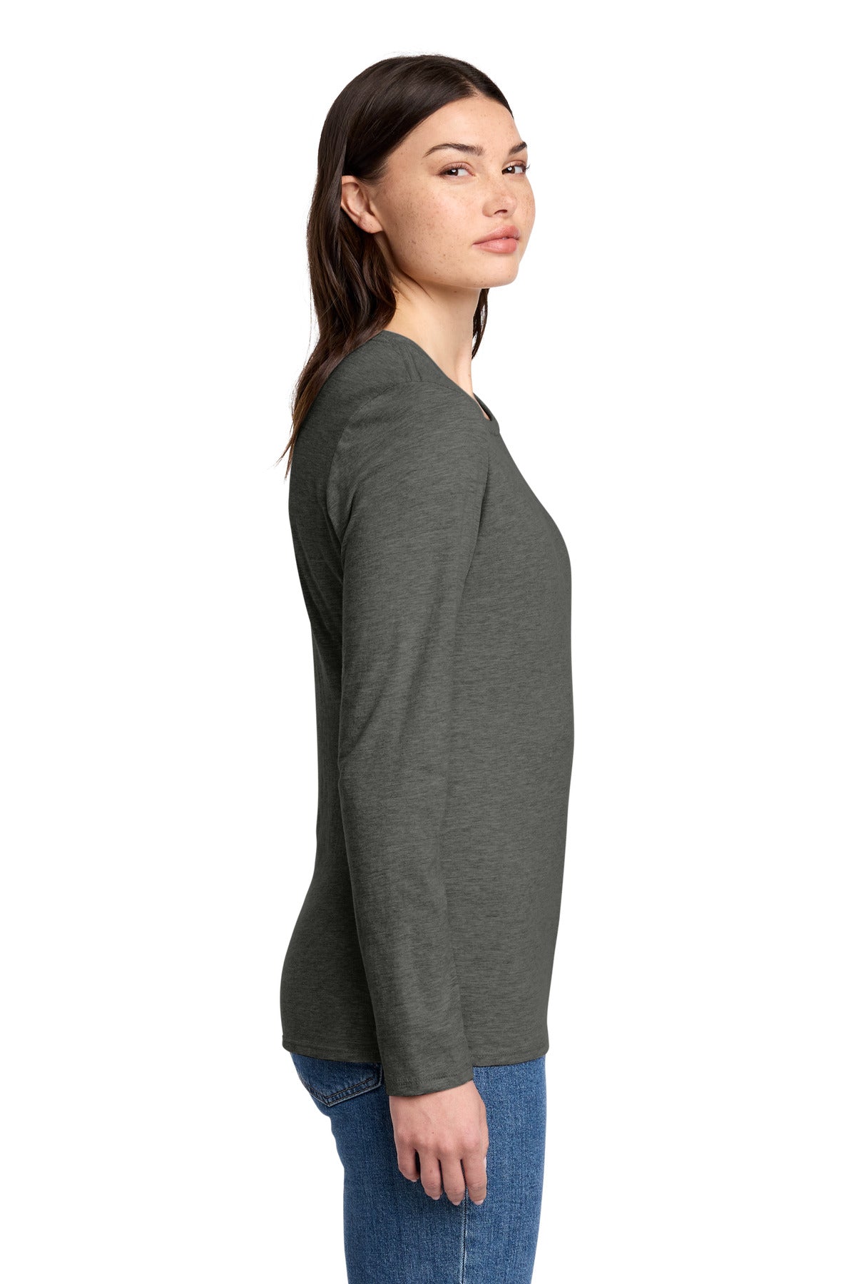 District Women's Perfect Blend CVC Long Sleeve Tee DT110 - Heathered Charcoal - side