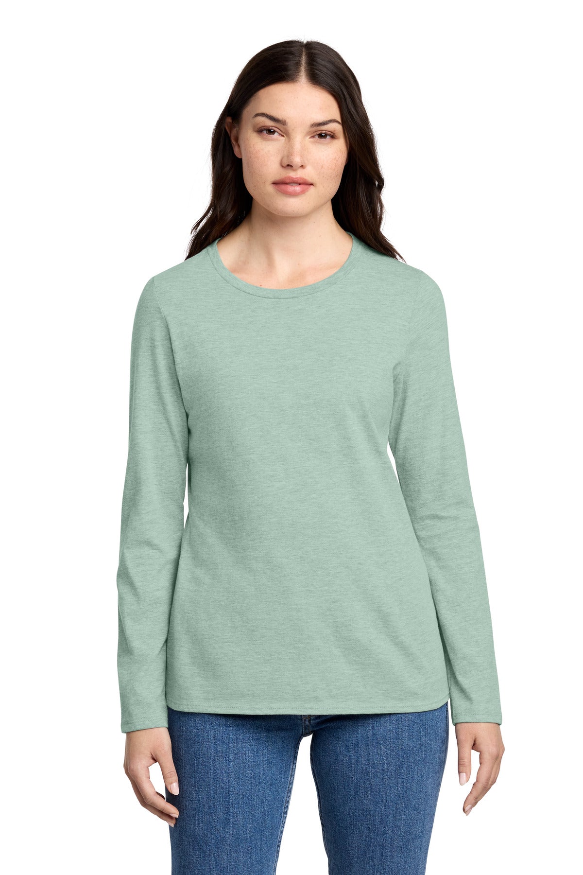 District Women's Perfect Blend CVC Long Sleeve Tee DT110 - Heathered Dusty Sage - front