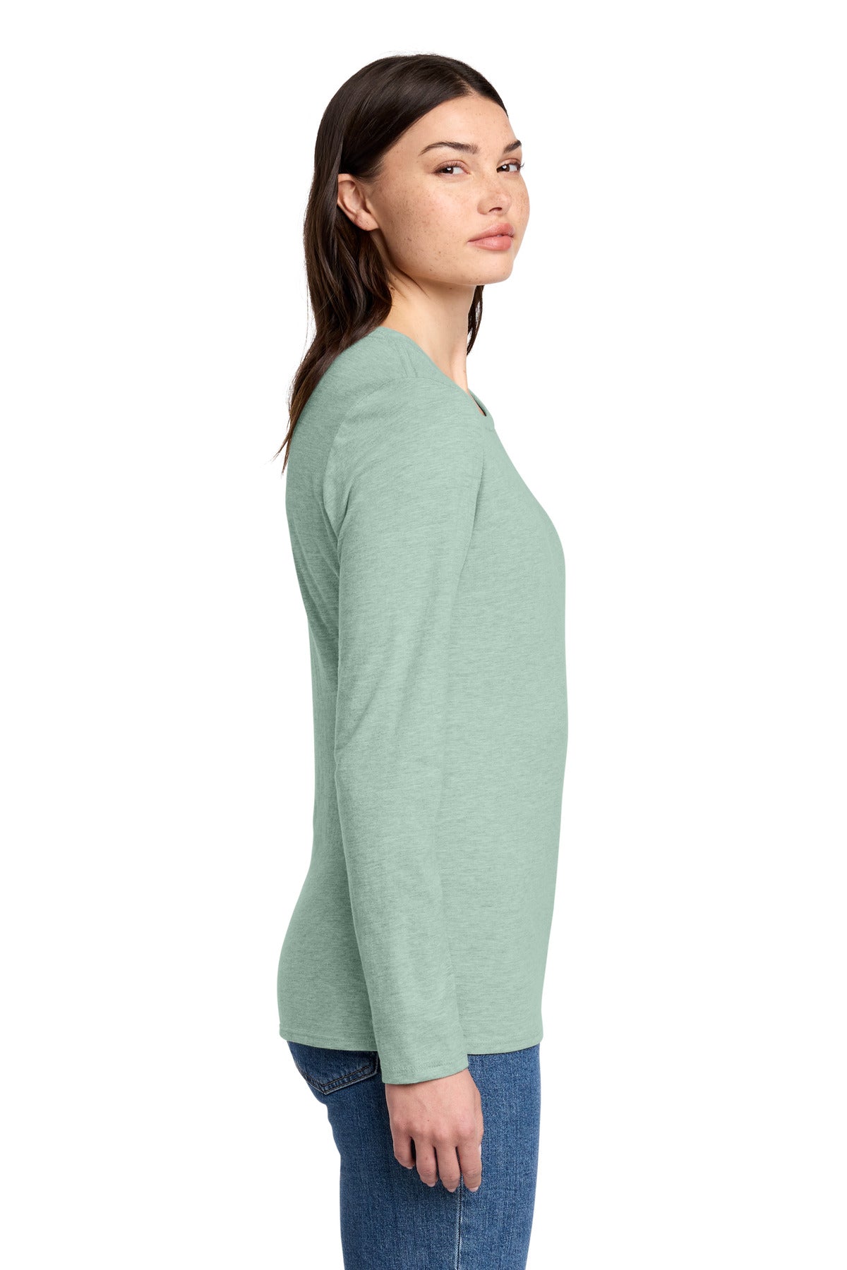 District Women's Perfect Blend CVC Long Sleeve Tee DT110 - Heathered Dusty Sage - side